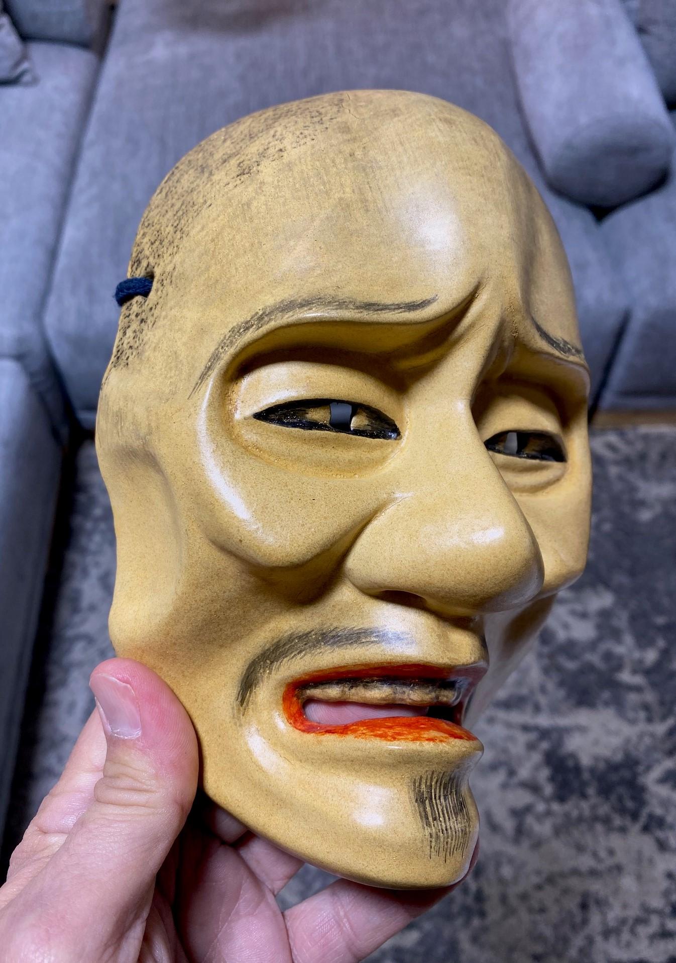 Japanese Signed Showa Hand Carved Wood Noh Theater Mask of Buddhist Monk Shunkan For Sale 9