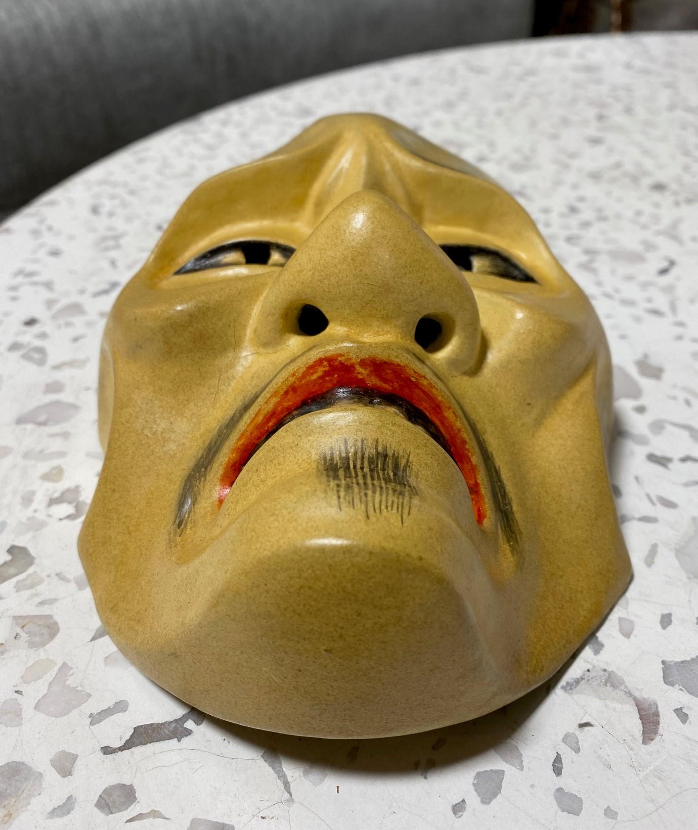 20th Century Japanese Signed Showa Hand Carved Wood Noh Theater Mask of Buddhist Monk Shunkan For Sale