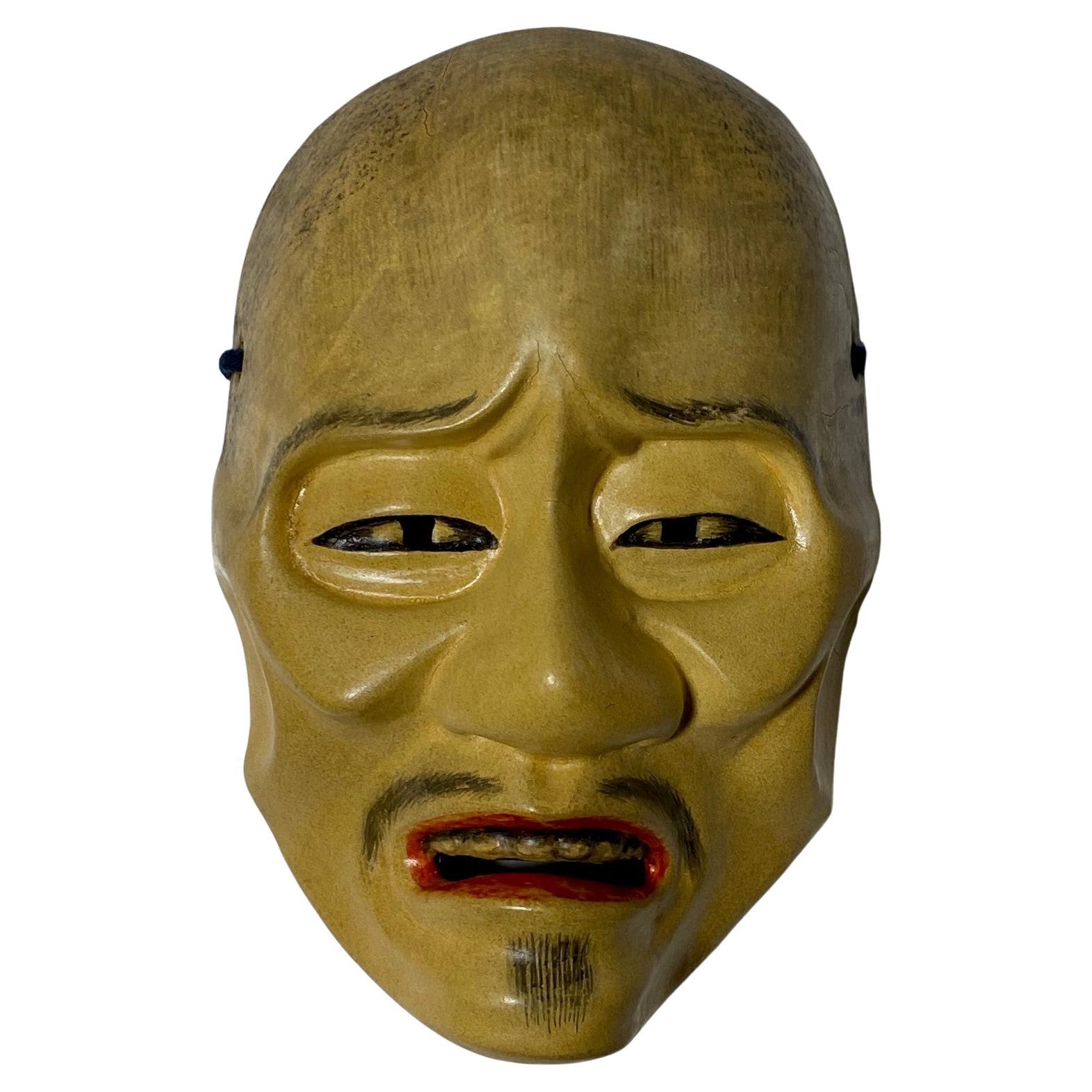 Japanese Signed Showa Hand Carved Wood Noh Theater Mask of Buddhist Monk Shunkan For Sale