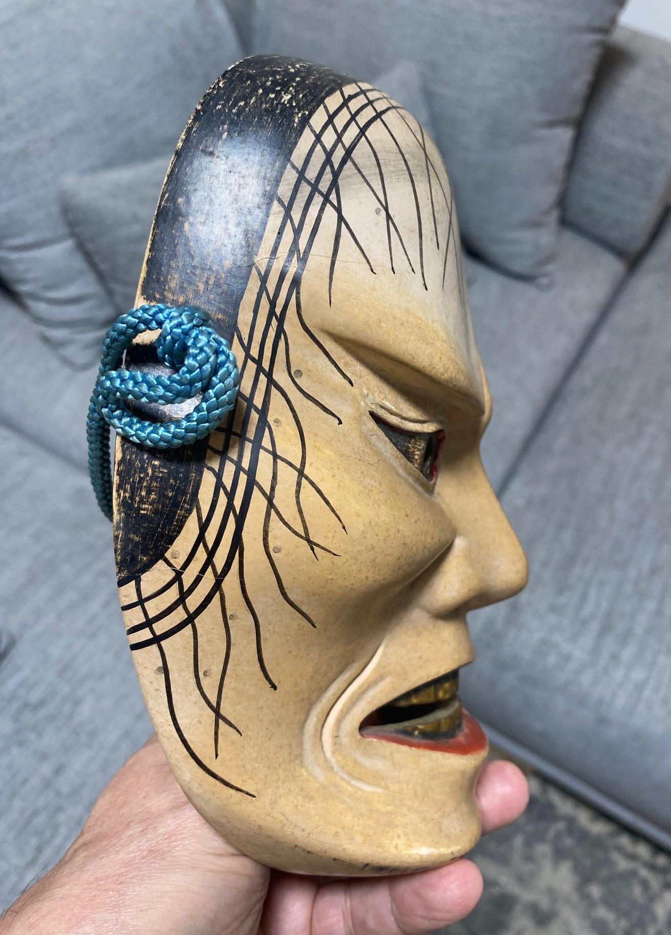 Maschera del teatro Noh giapponese firmata Showa intagliata a mano in legno del demone Hashihime 橋姫 in vendita 9