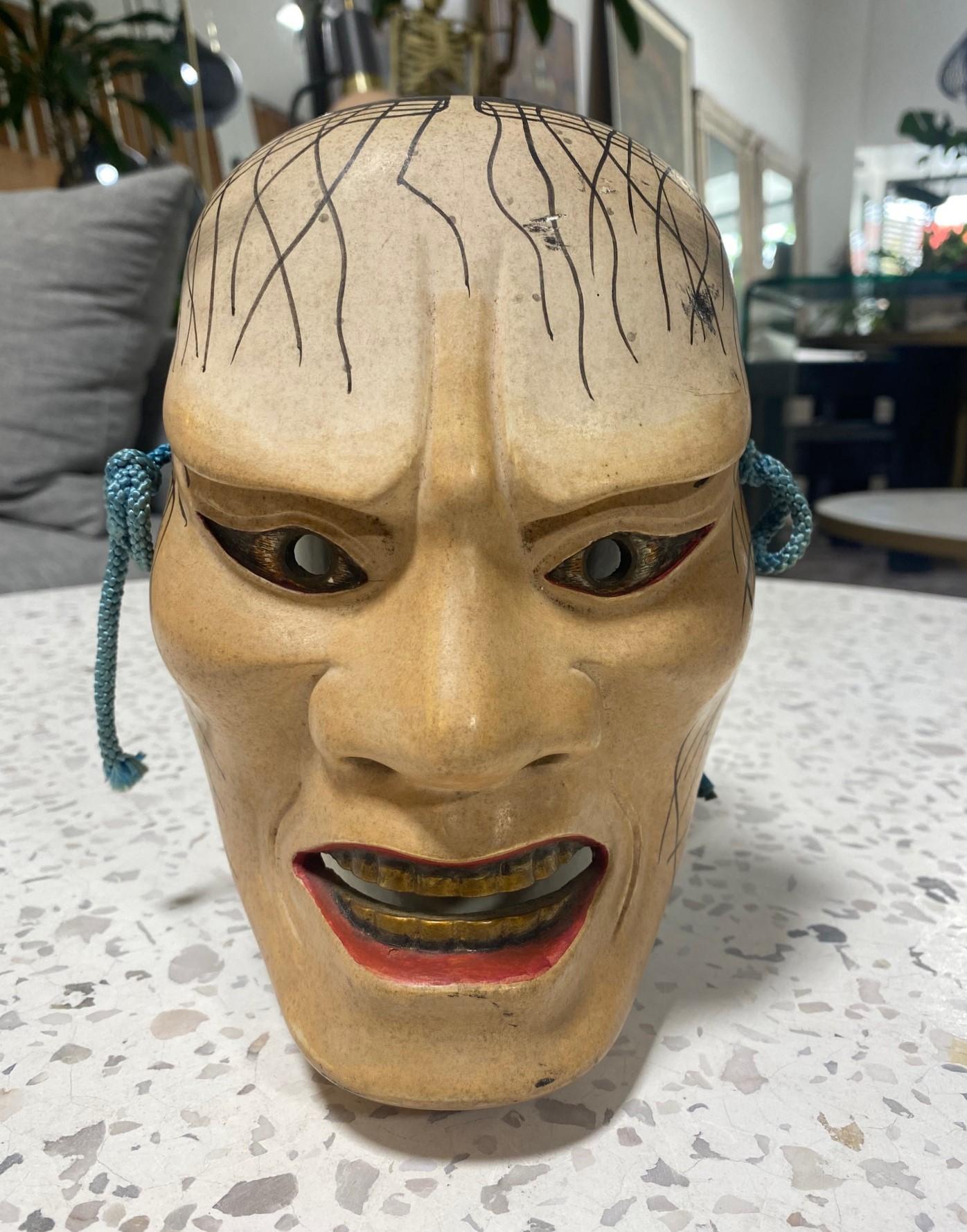 Maschera del teatro Noh giapponese firmata Showa intagliata a mano in legno del demone Hashihime 橋姫 in vendita 13