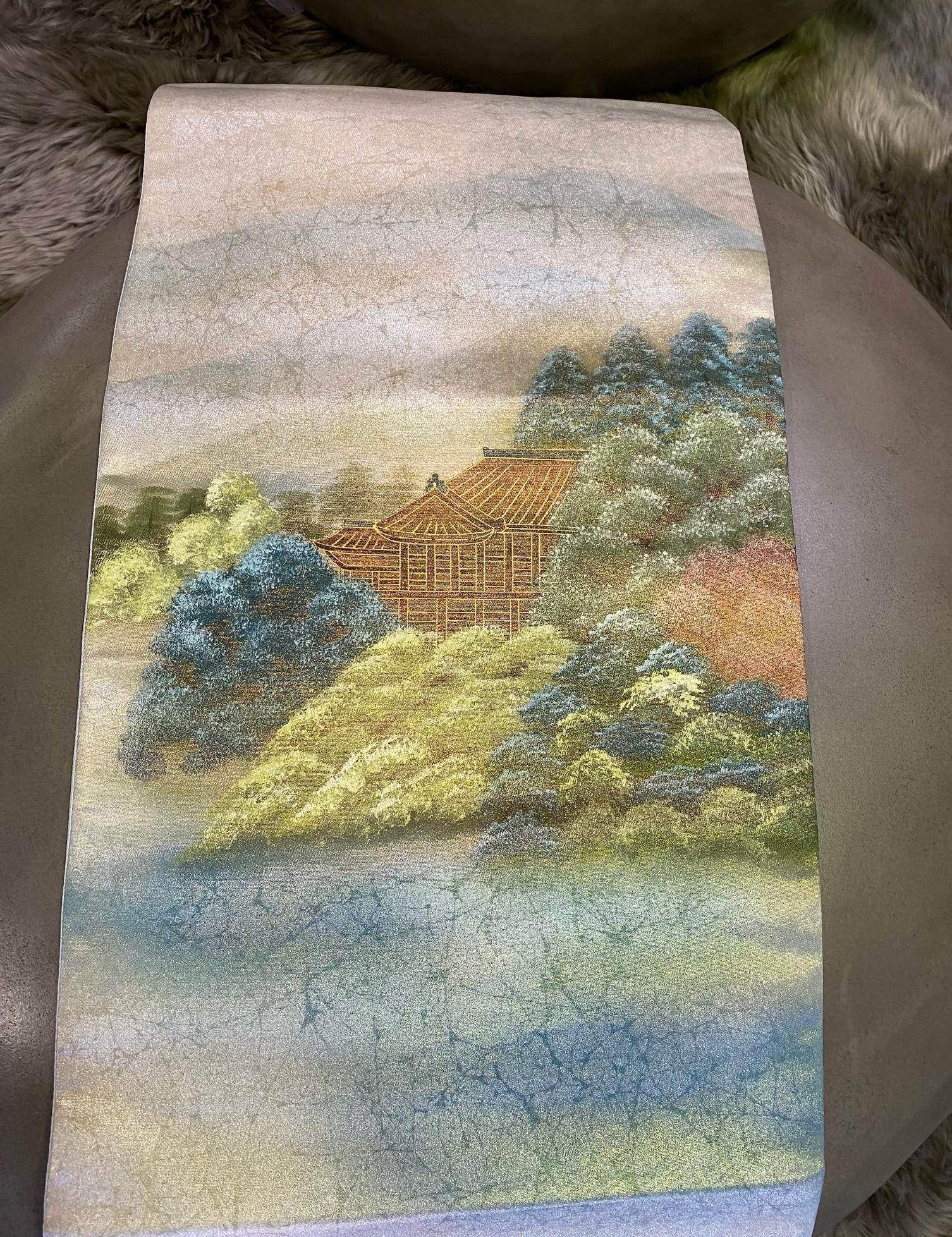 Japanese, Signed Stamped Silk Obi Sash Belt with Temple Shrine, Mid-1900s 5