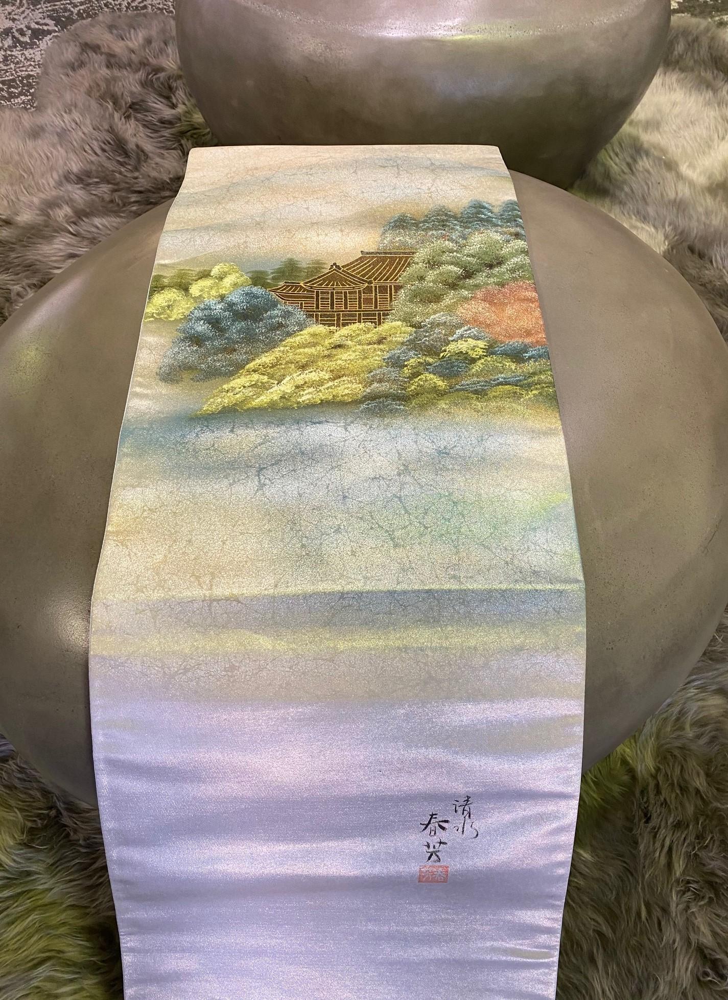 20th Century Japanese, Signed Stamped Silk Obi Sash Belt with Temple Shrine, Mid-1900s