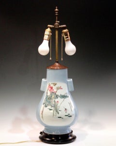 Japanese Signed Studio Porcelain Arrow Vase Lamp Butterflies Lotuses Roses