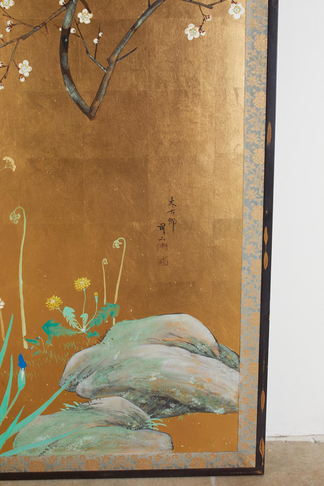 Japanese Signed Two Panel Screen Flowering Landscape 3