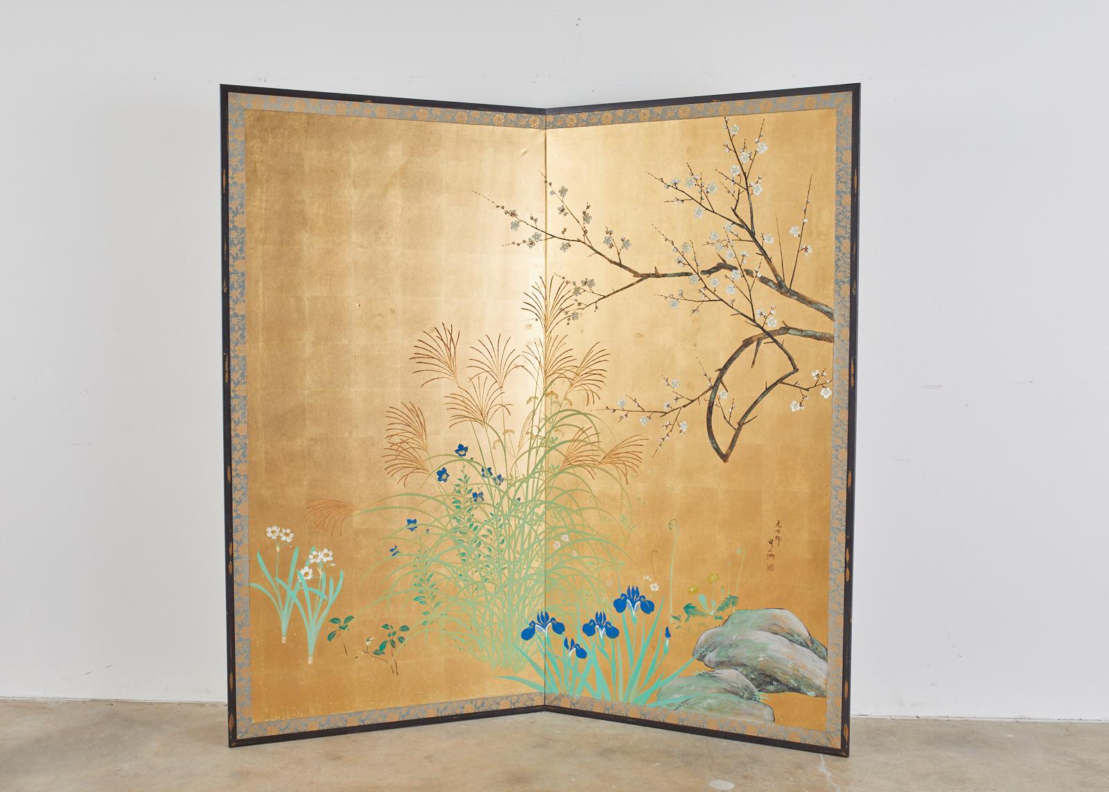 Japanese Signed Two Panel Screen Flowering Landscape 4