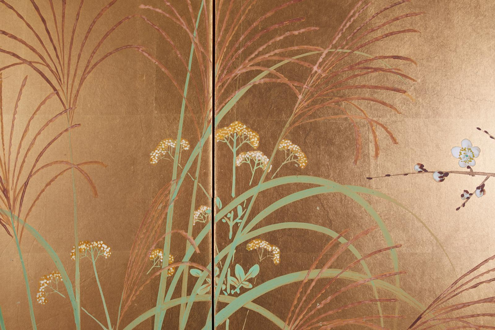 Japanese Signed Two Panel Screen Flowering Landscape 10