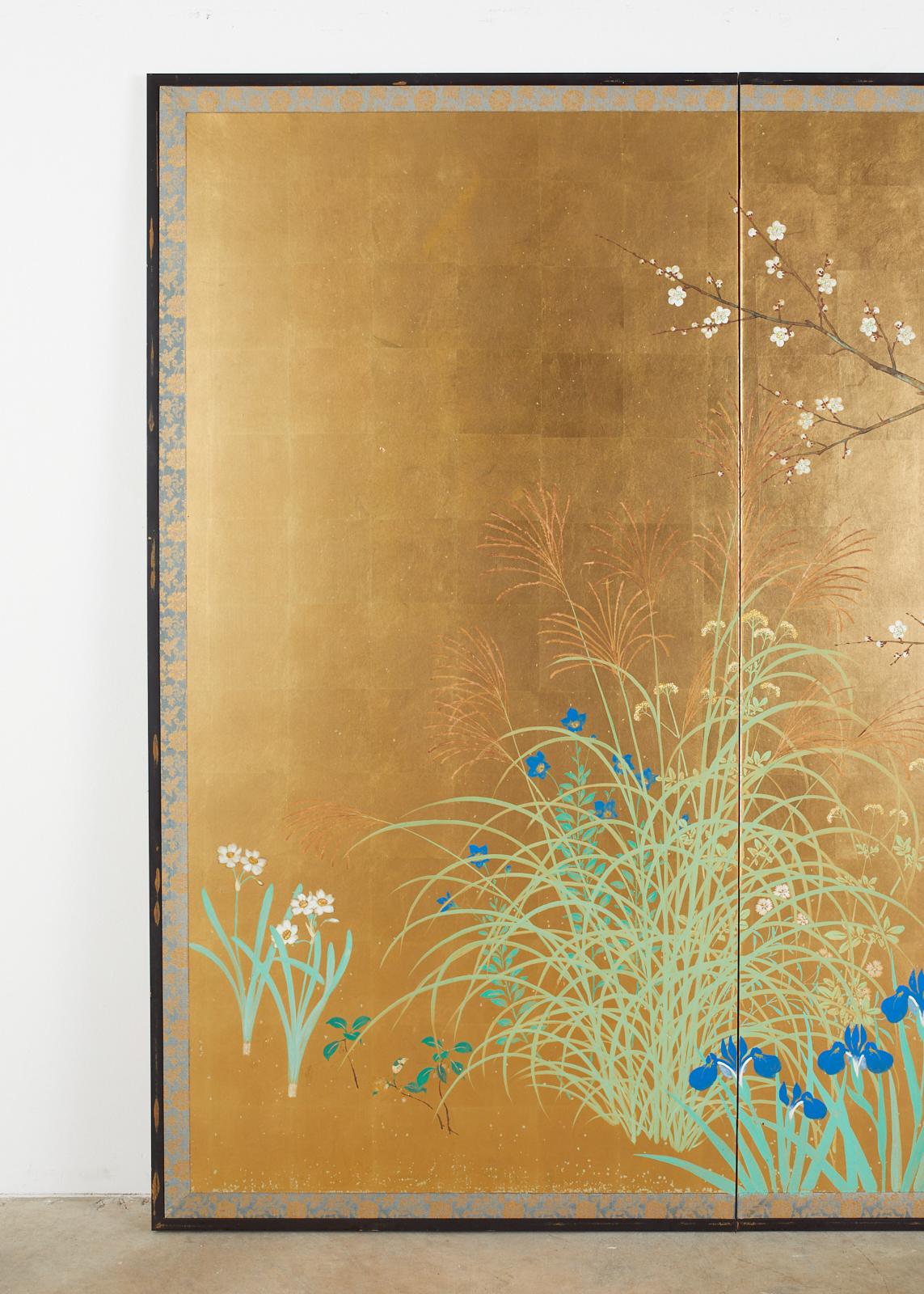 Meiji Japanese Signed Two Panel Screen Flowering Landscape