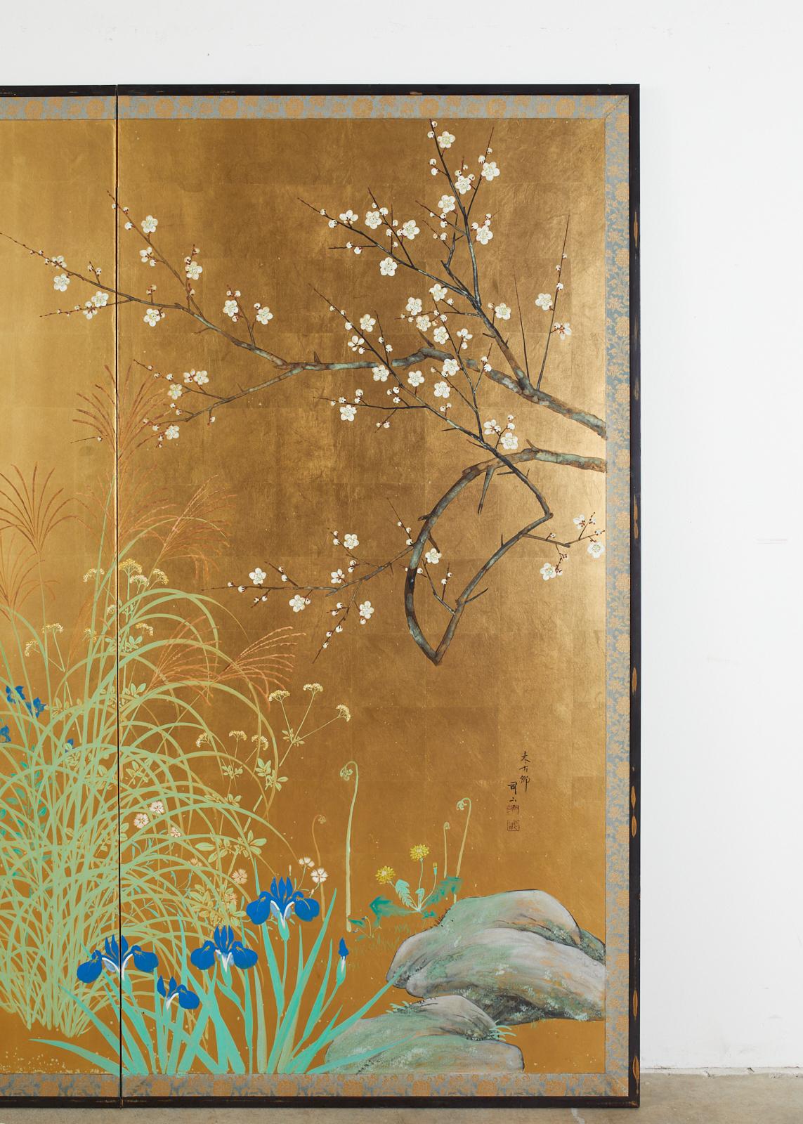 Hand-Crafted Japanese Signed Two Panel Screen Flowering Landscape
