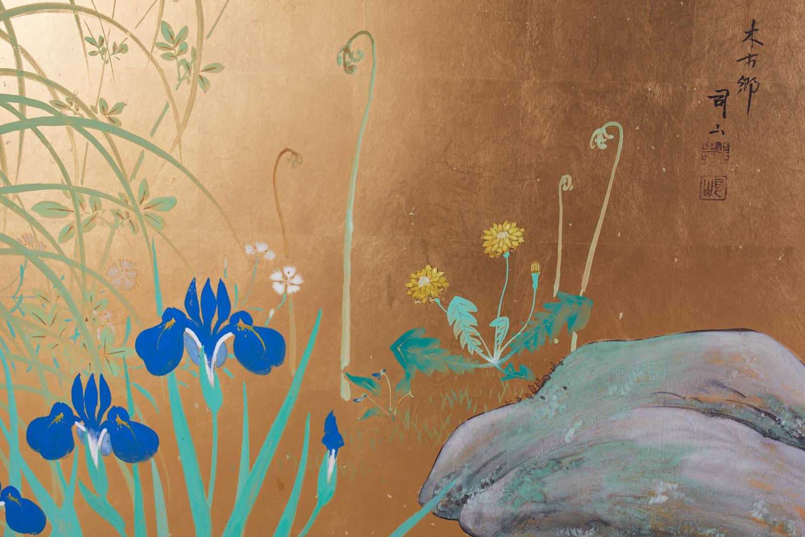 Japanese Signed Two Panel Screen Flowering Landscape In Good Condition In Rio Vista, CA