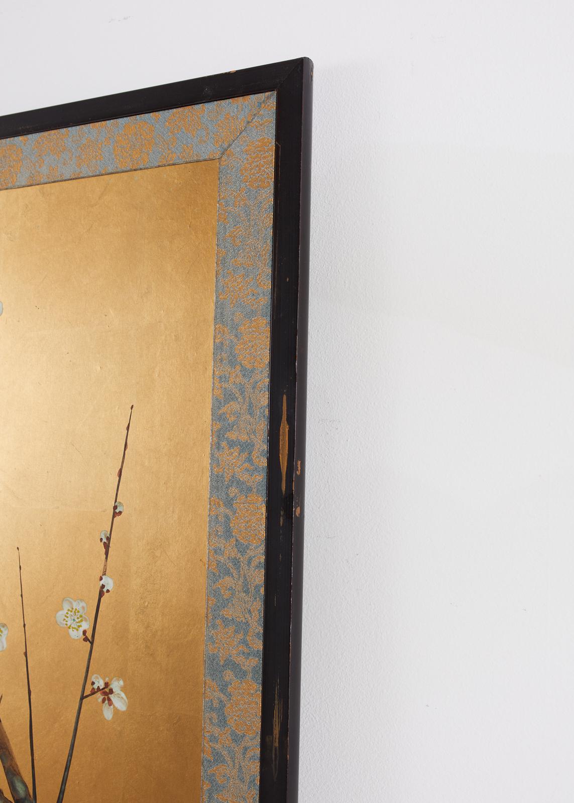 Silk Japanese Signed Two Panel Screen Flowering Landscape