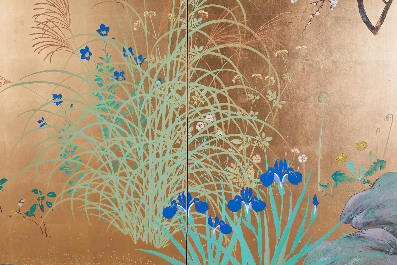 Japanese Signed Two Panel Screen Flowering Landscape 1