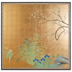 Japanese Signed Two Panel Screen Flowering Landscape
