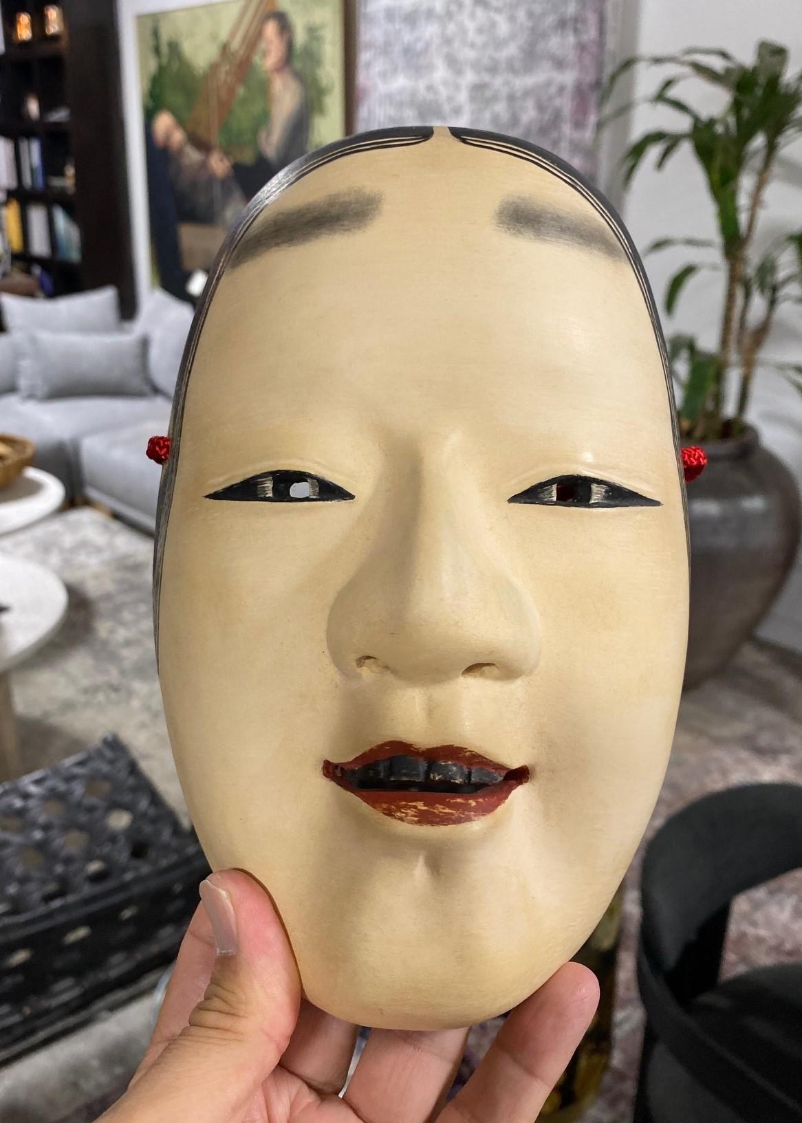 Japanese Signed Waka-Onna or Ko-Omote Wood Carved Noh Theater Mask, Showa 1900s For Sale 6