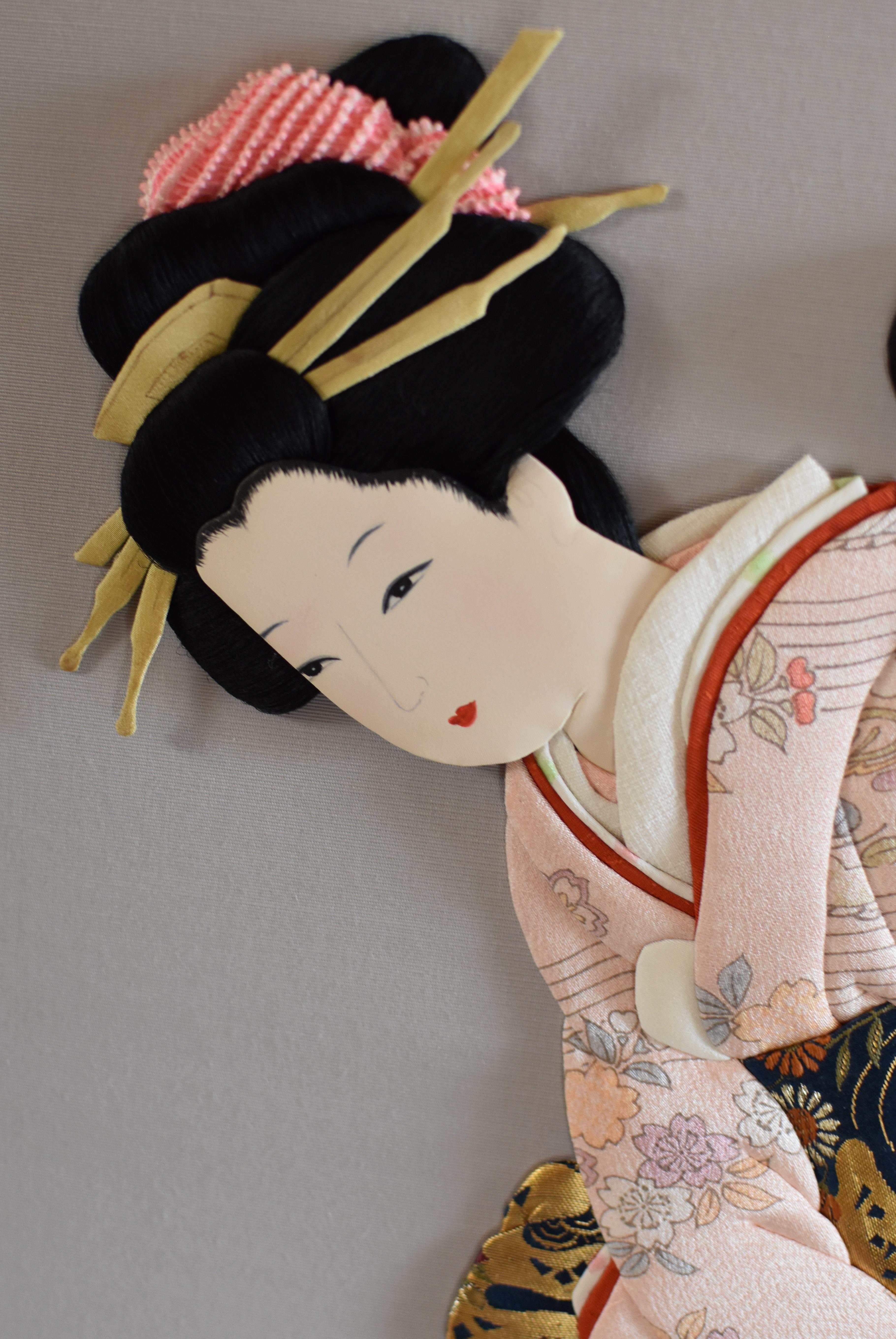 Meiji Contemporary Japanese Gray Pink Silk Brocade Hand-Crafted Oshie Decorative Art