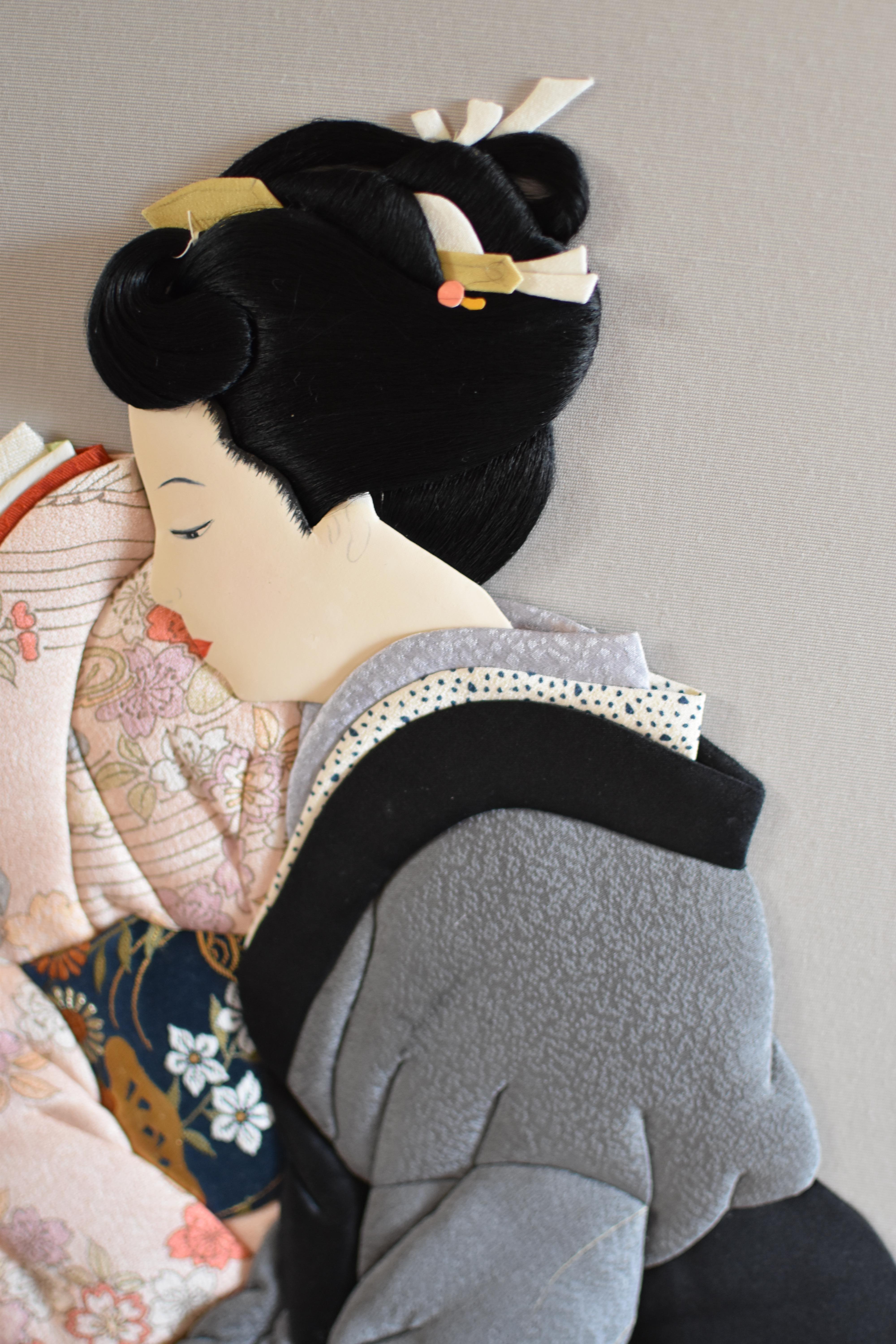 Meiji Contemporary Japanese Gray Pink Silk Brocade Hand-Crafted Oshie Decorative Art