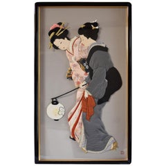 Contemporary Japanese Gray Pink Silk Brocade Hand-Crafted Oshie Decorative Art