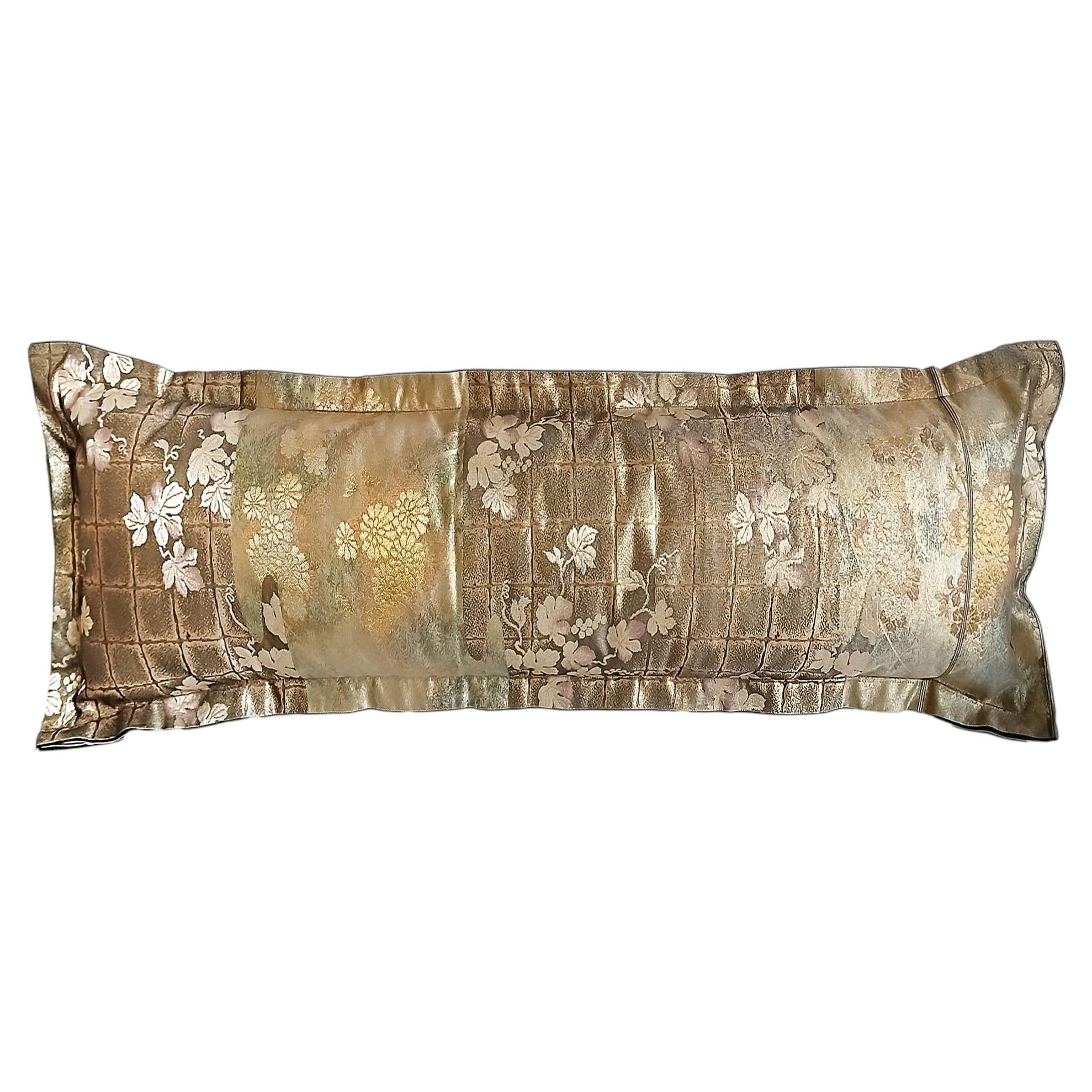 Japanese Silk Bolster Pillow, Gold Brocade, 1920s Obi For Sale