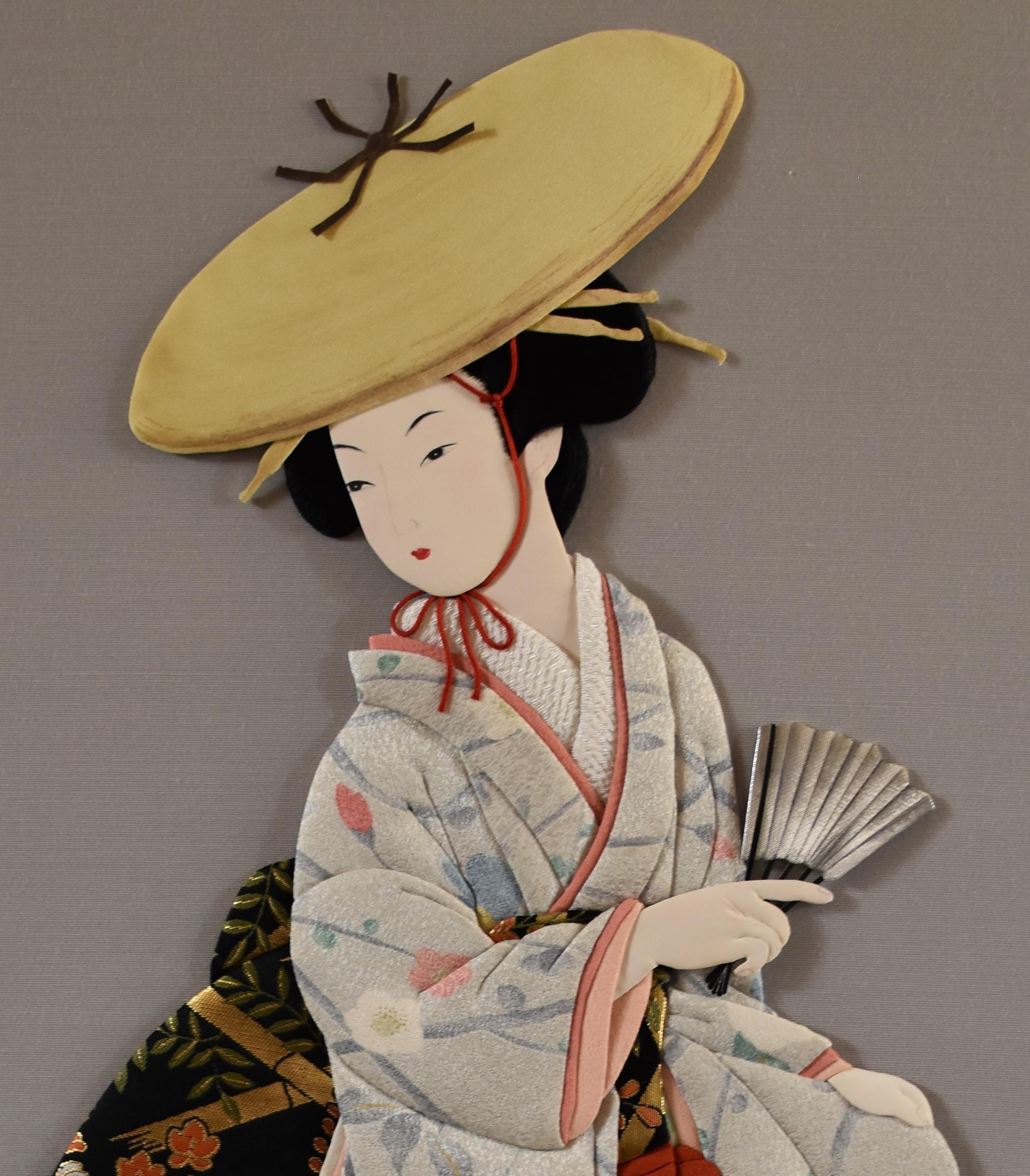 Exquisite Japanese contemporary Oshie traditional handcrafted silk and brocade Wall decorative art piece with a three-dimensional effect depicting a fascinating scene of a dancer elegantly performing what is called 
