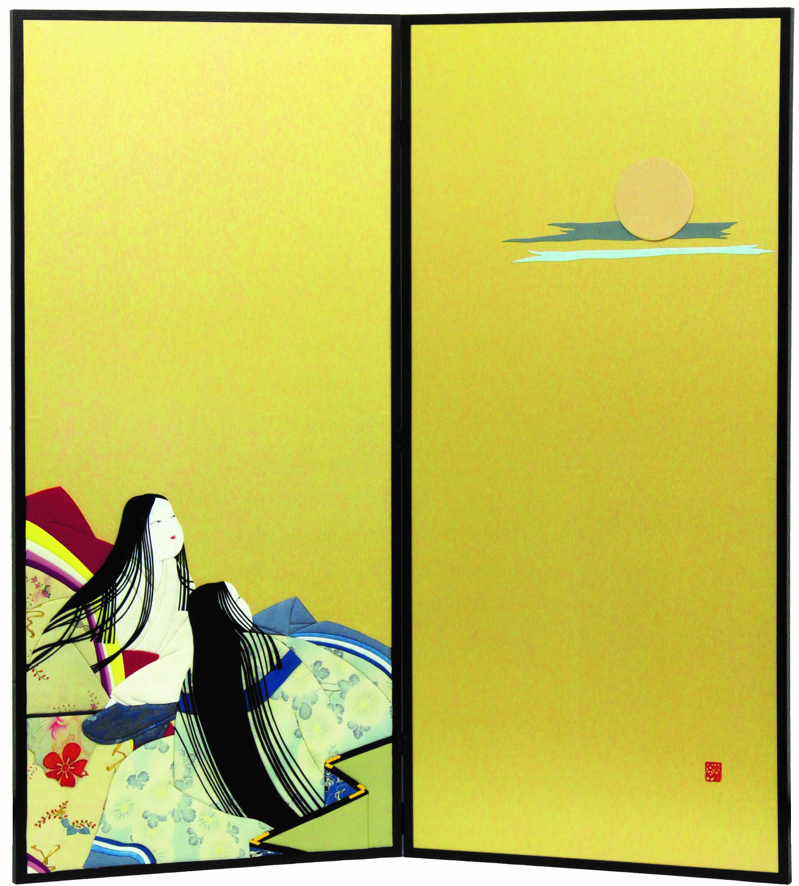 Japanese Silk Brocade Traditional Two-Panel Folding Screen In New Condition For Sale In Takarazuka, JP