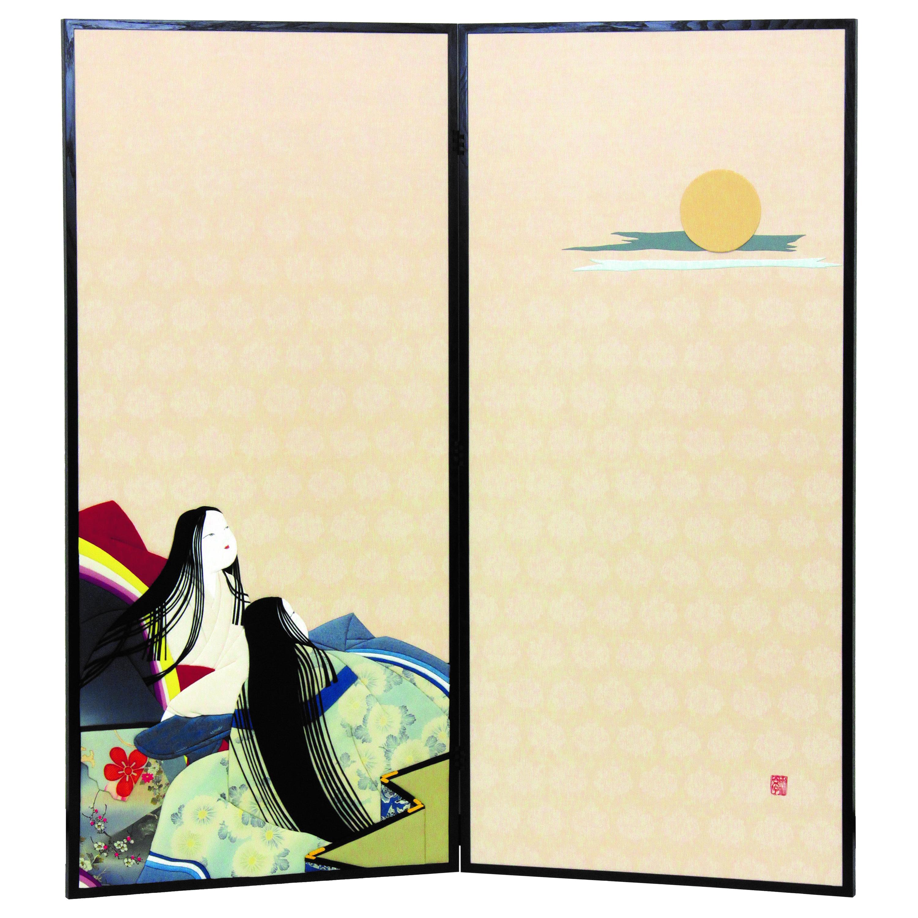 Japanese Silk Brocade Traditional Two-Panel Folding Screen