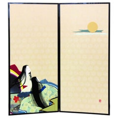 Traditioneller japanischer zweiteiliger klappbarer Raumteiler aus Seidenbrokat