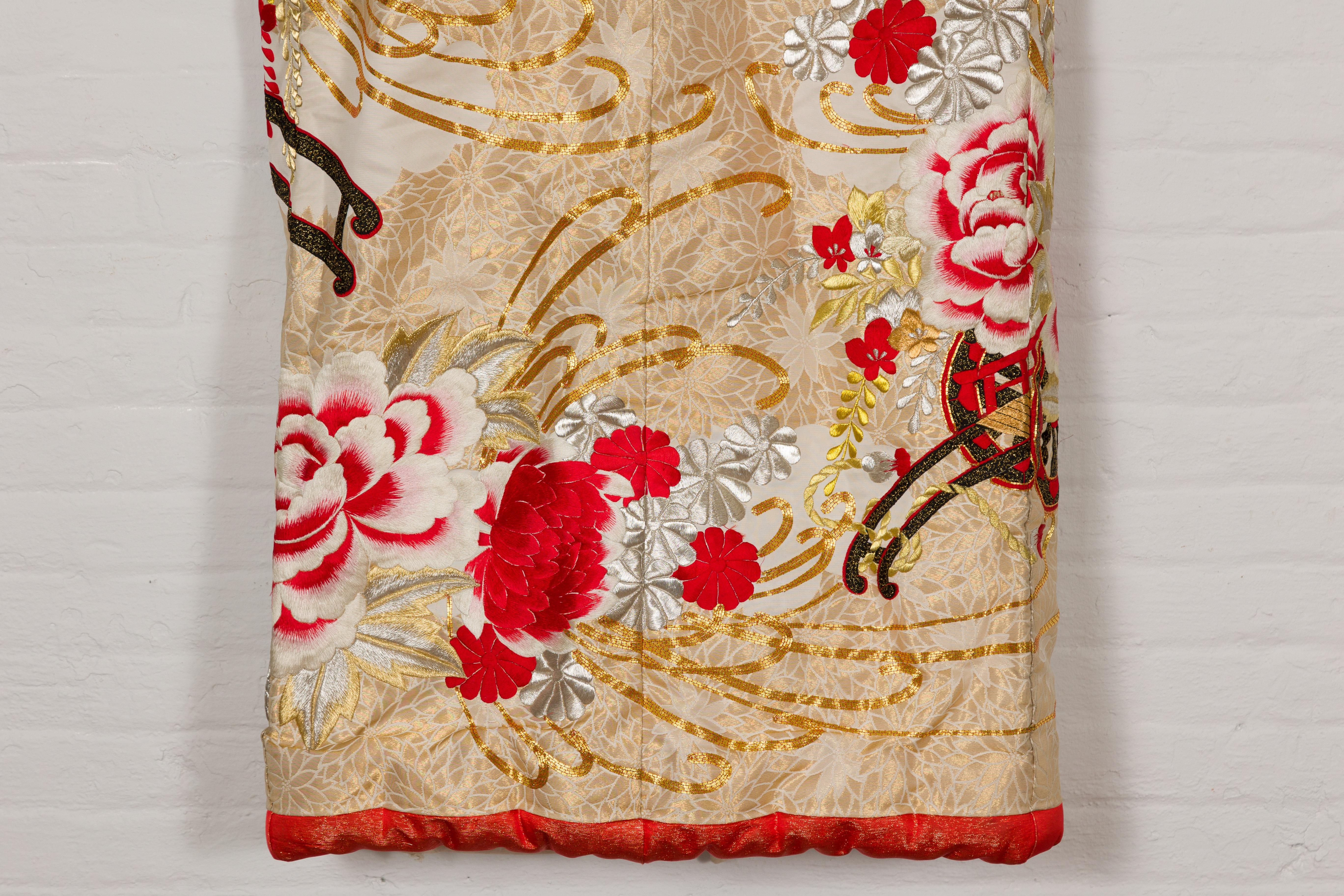 Vintage Silk Kimono with Gold, Silver and Red Embroidery For Sale 8