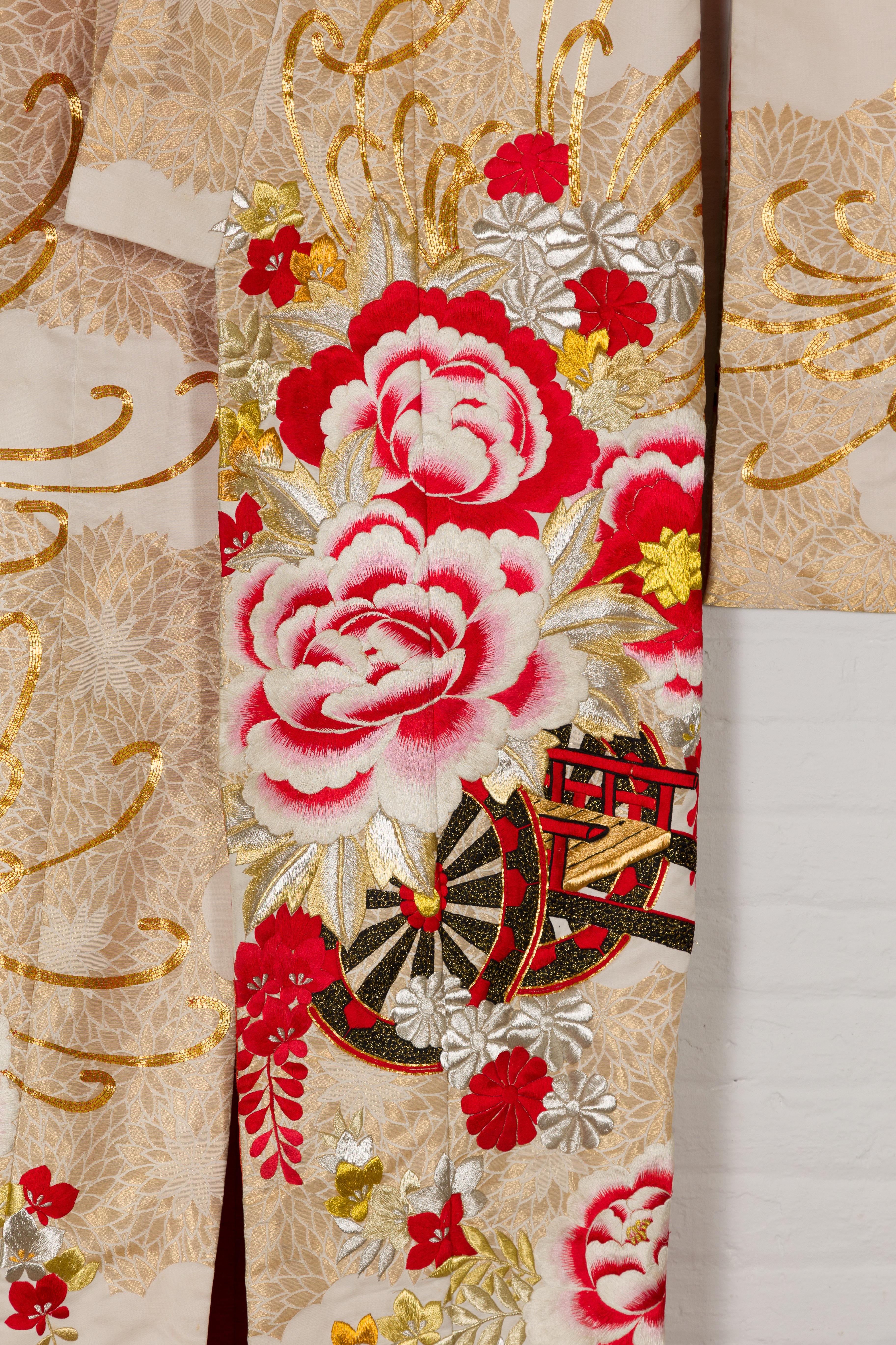 Showa Vintage Silk Kimono with Gold, Silver and Red Embroidery For Sale