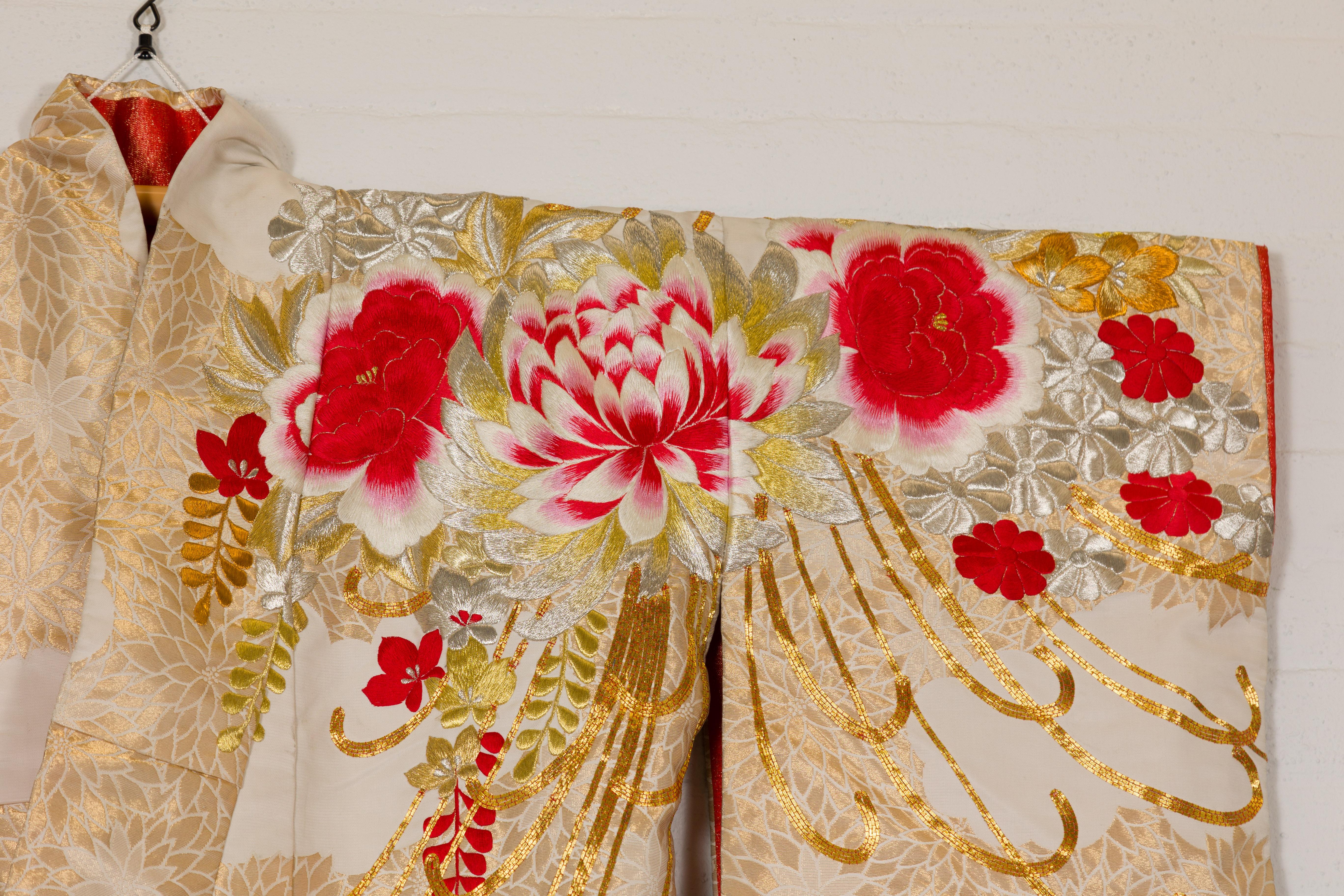 20th Century Vintage Silk Kimono with Gold, Silver and Red Embroidery For Sale
