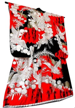 Japanese Silk Embroidered Uchikake Formal Wedding Kimono, Red Silver, Art Deco