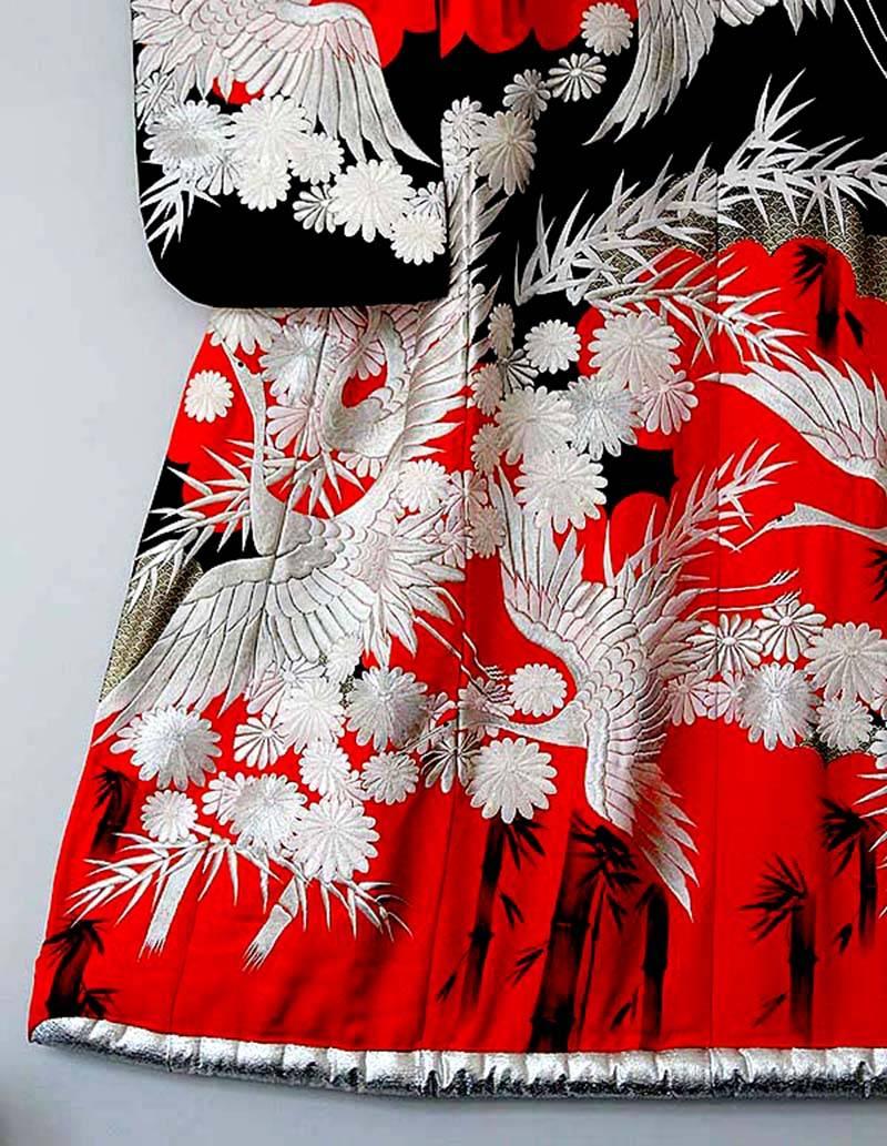 Textile Japanese Silk Embroidered Uchikake Formal Wedding Kimono, Red Silver, Art Deco For Sale