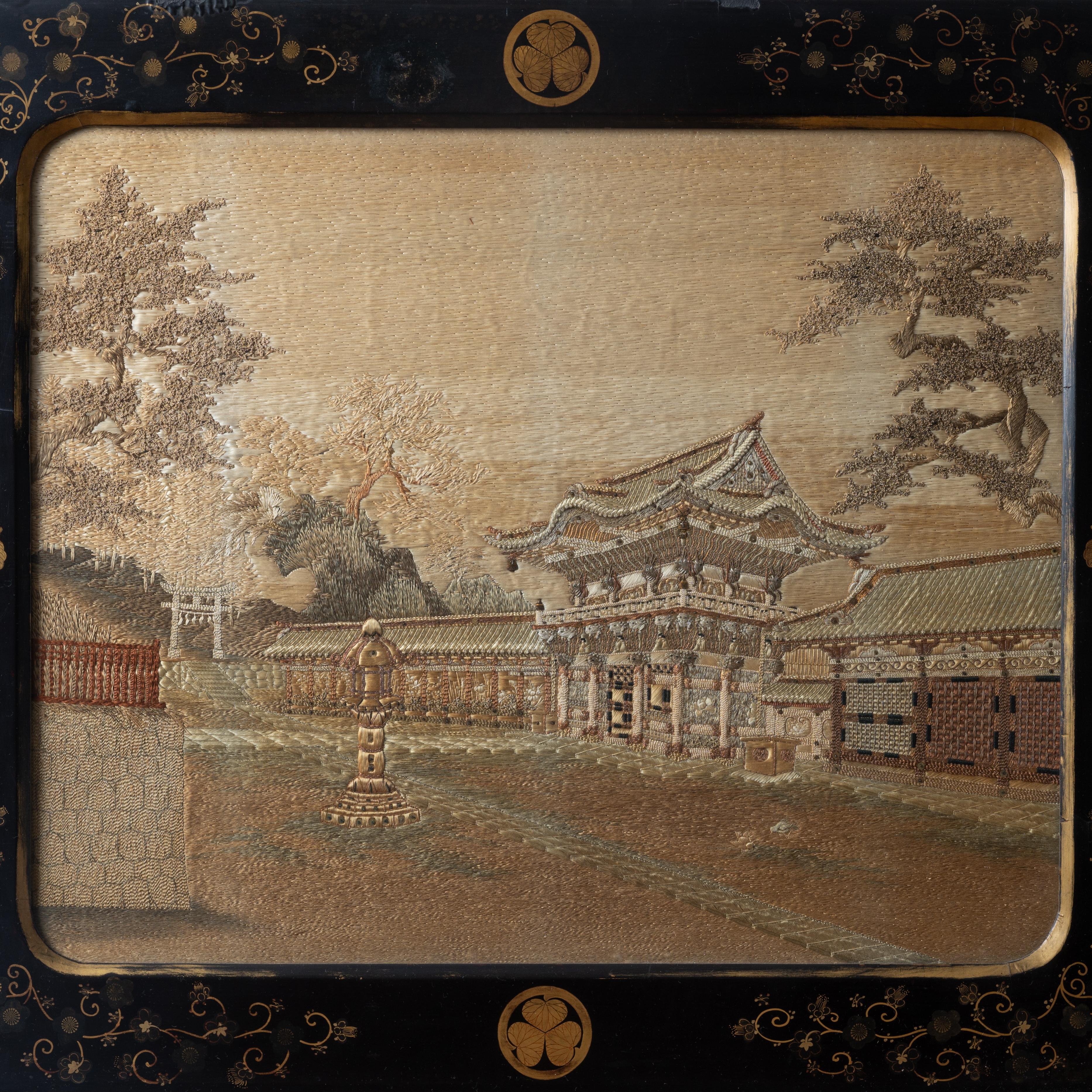 Japanese Silk Embroidery in Lacquer Frame, c.1890 In Good Condition For Sale In Savannah, GA