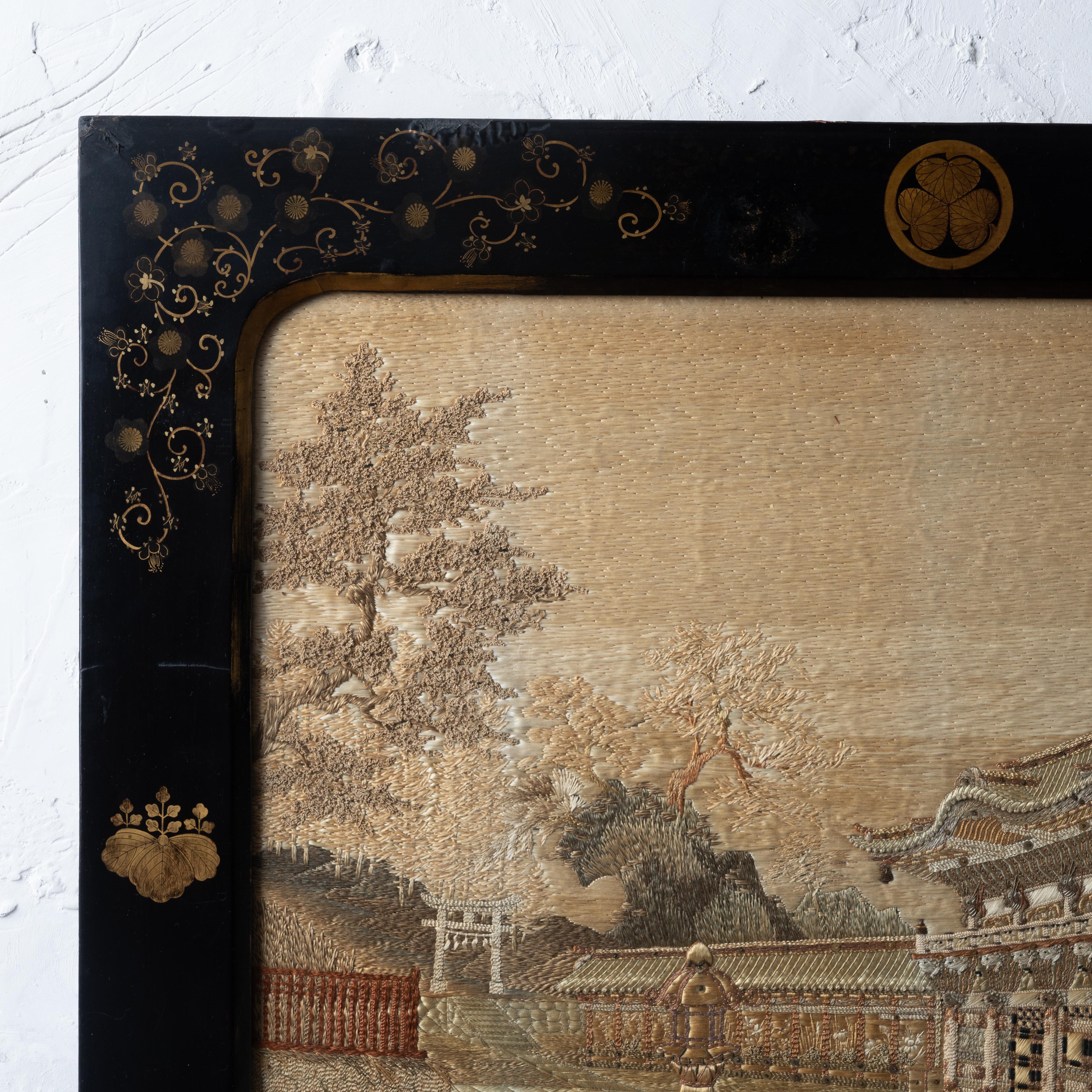 Japanese Silk Embroidery in Lacquer Frame, c.1890 For Sale 1