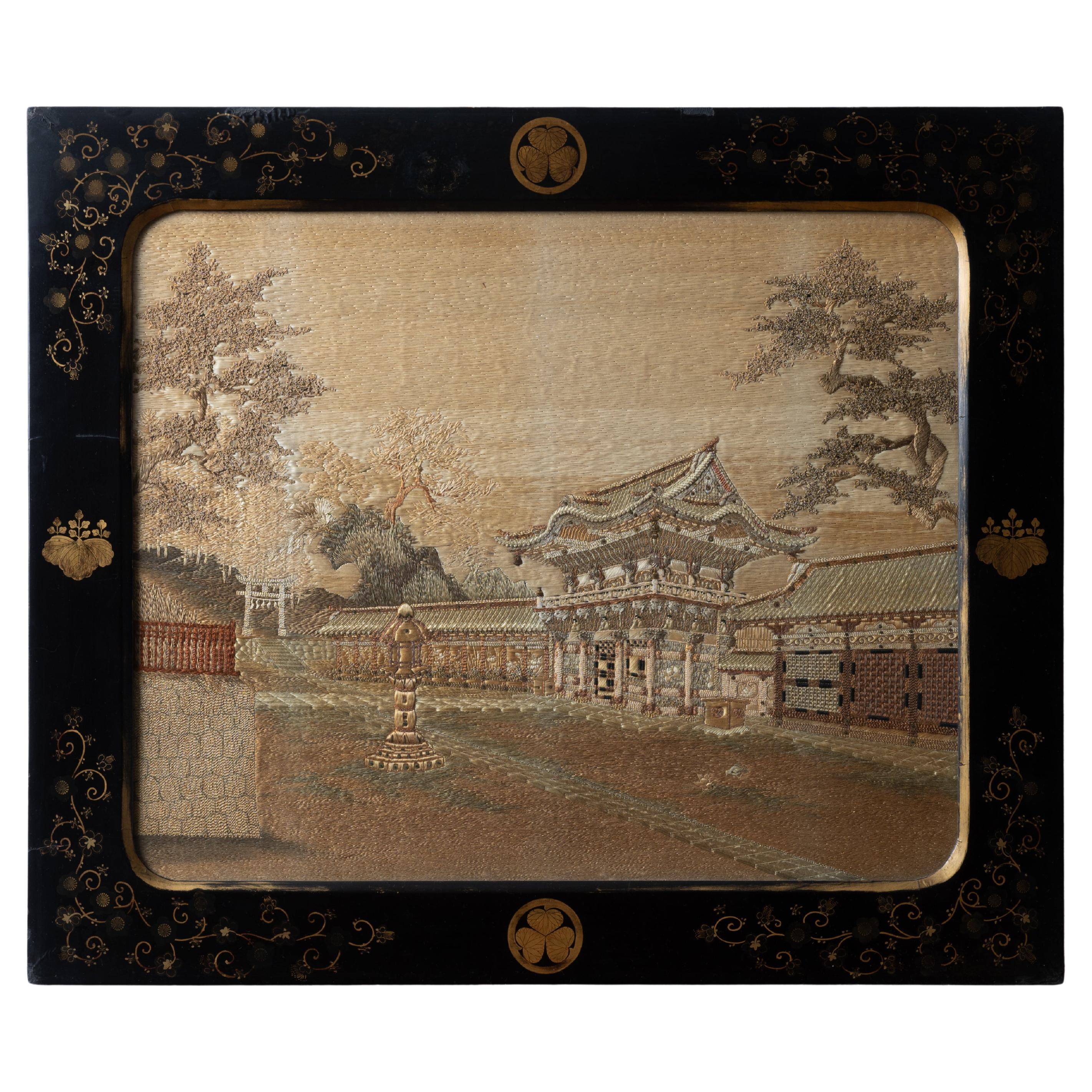 Japanese Silk Embroidery in Lacquer Frame, c.1890 For Sale