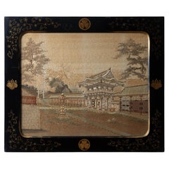 Antique Japanese Silk Embroidery in Lacquer Frame, c.1890