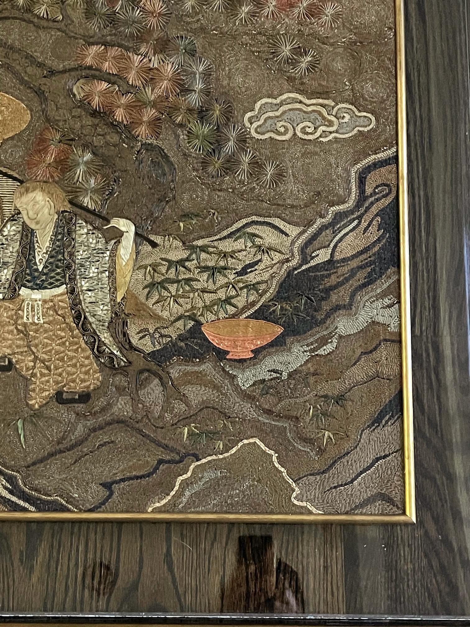 Late 19th Century Japanese Silk Embroidery Tapestry Meiji Period For Sale