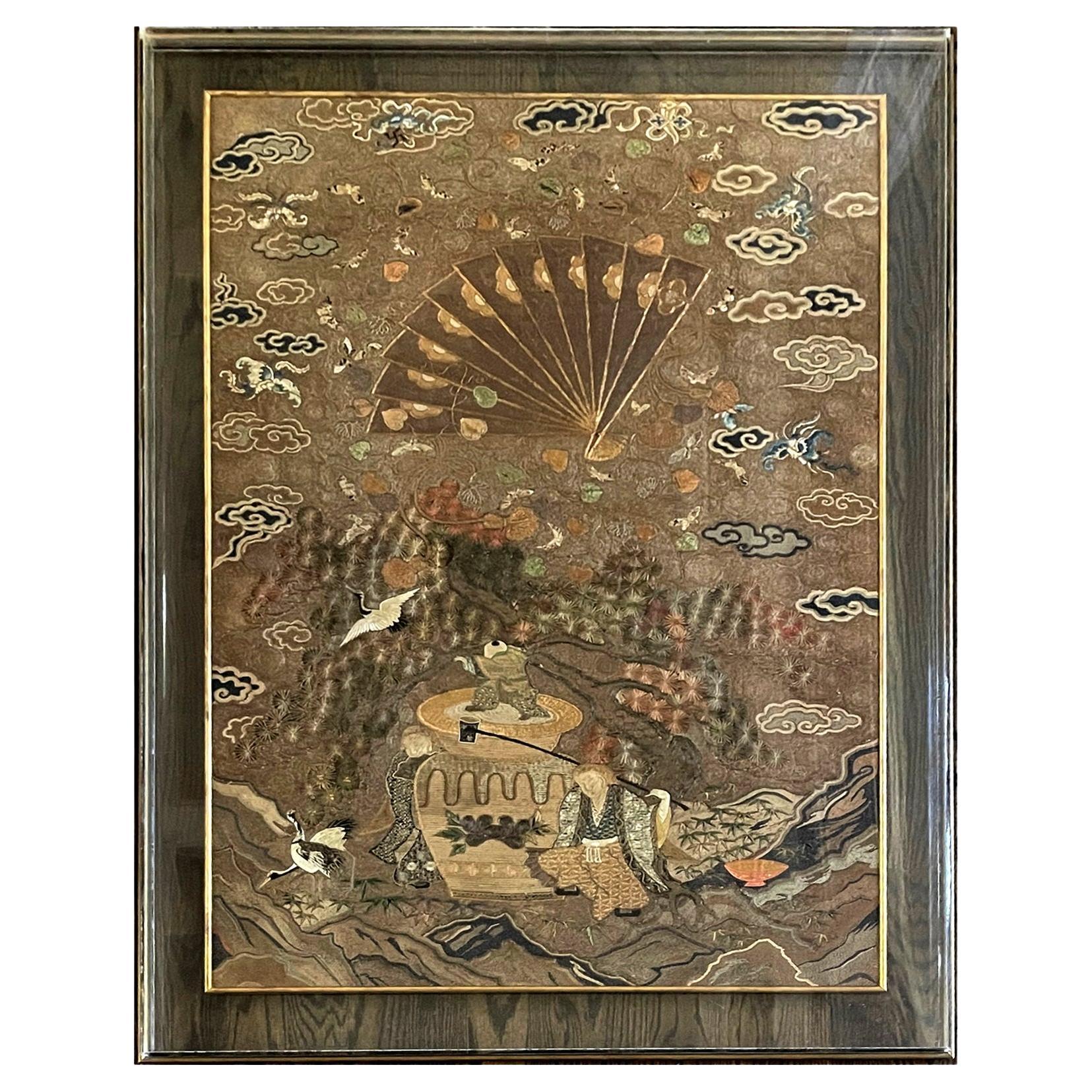 Japanese Silk Embroidery Tapestry Meiji Period For Sale
