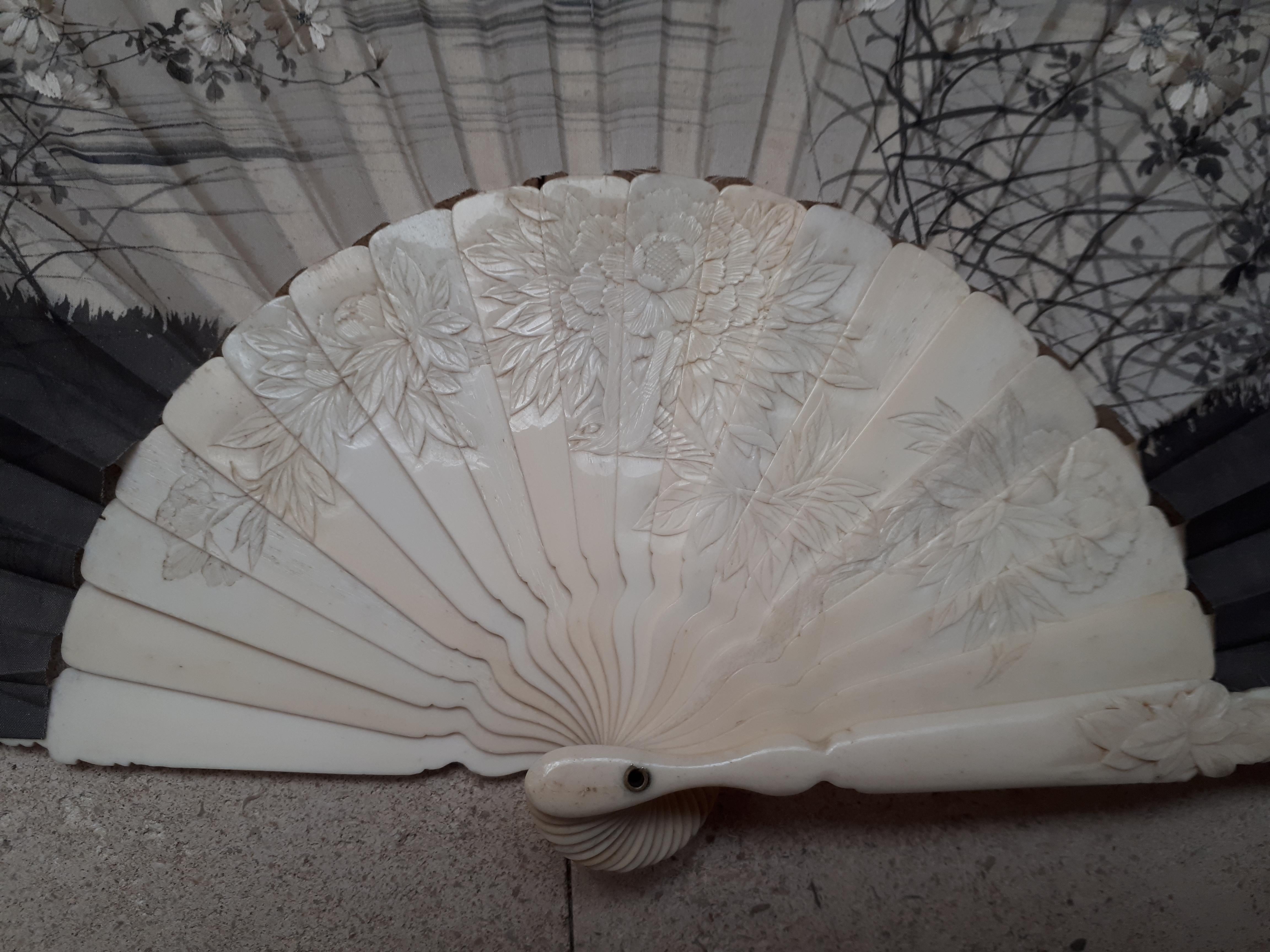 Carved Japanese Silk Fan, Meiji Era Japan For Sale