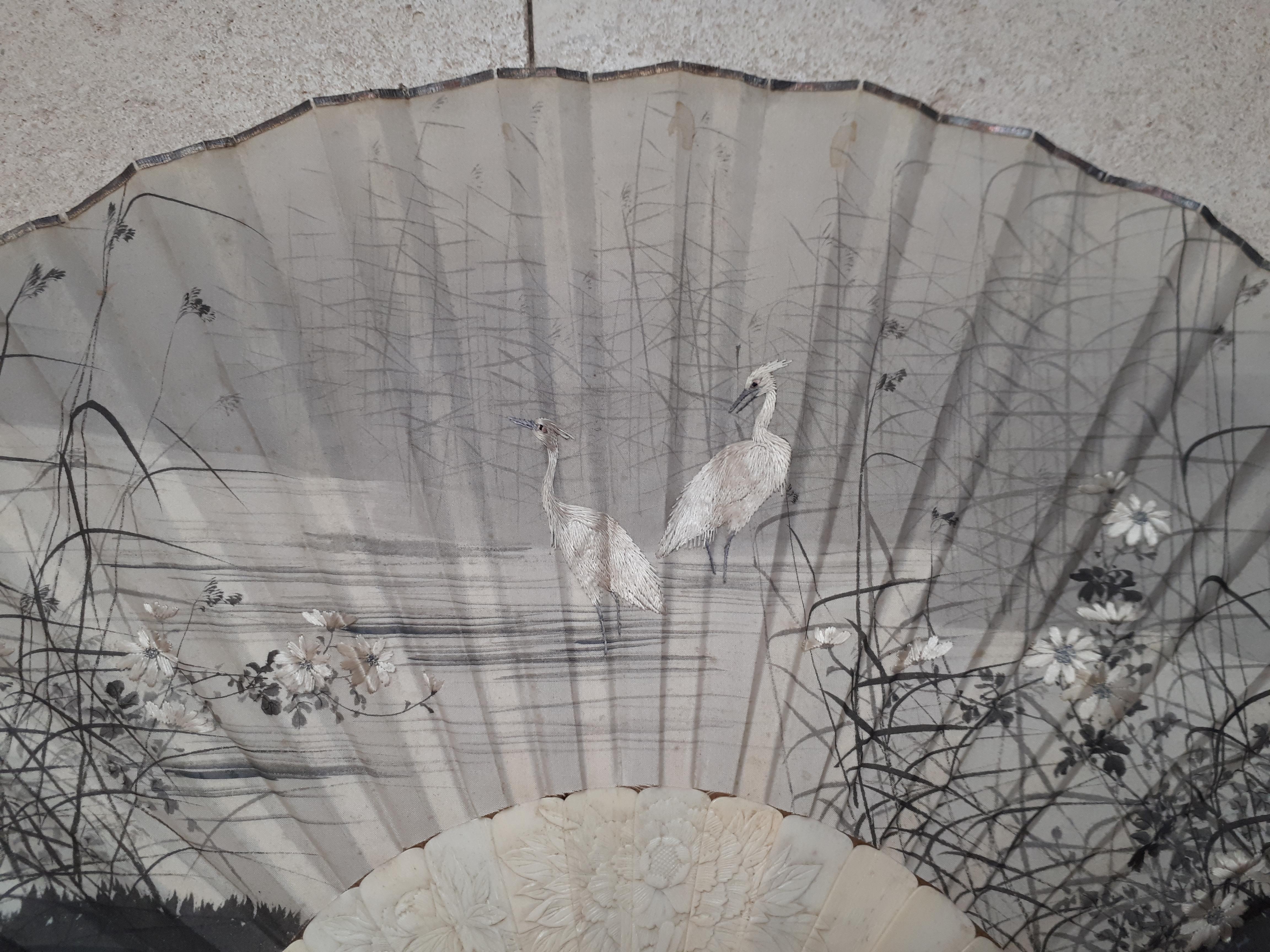 Bone Japanese Silk Fan, Meiji Era Japan For Sale