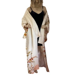 Japanese Ercu with Red Flowers Silk Furisode Vintage Kimono