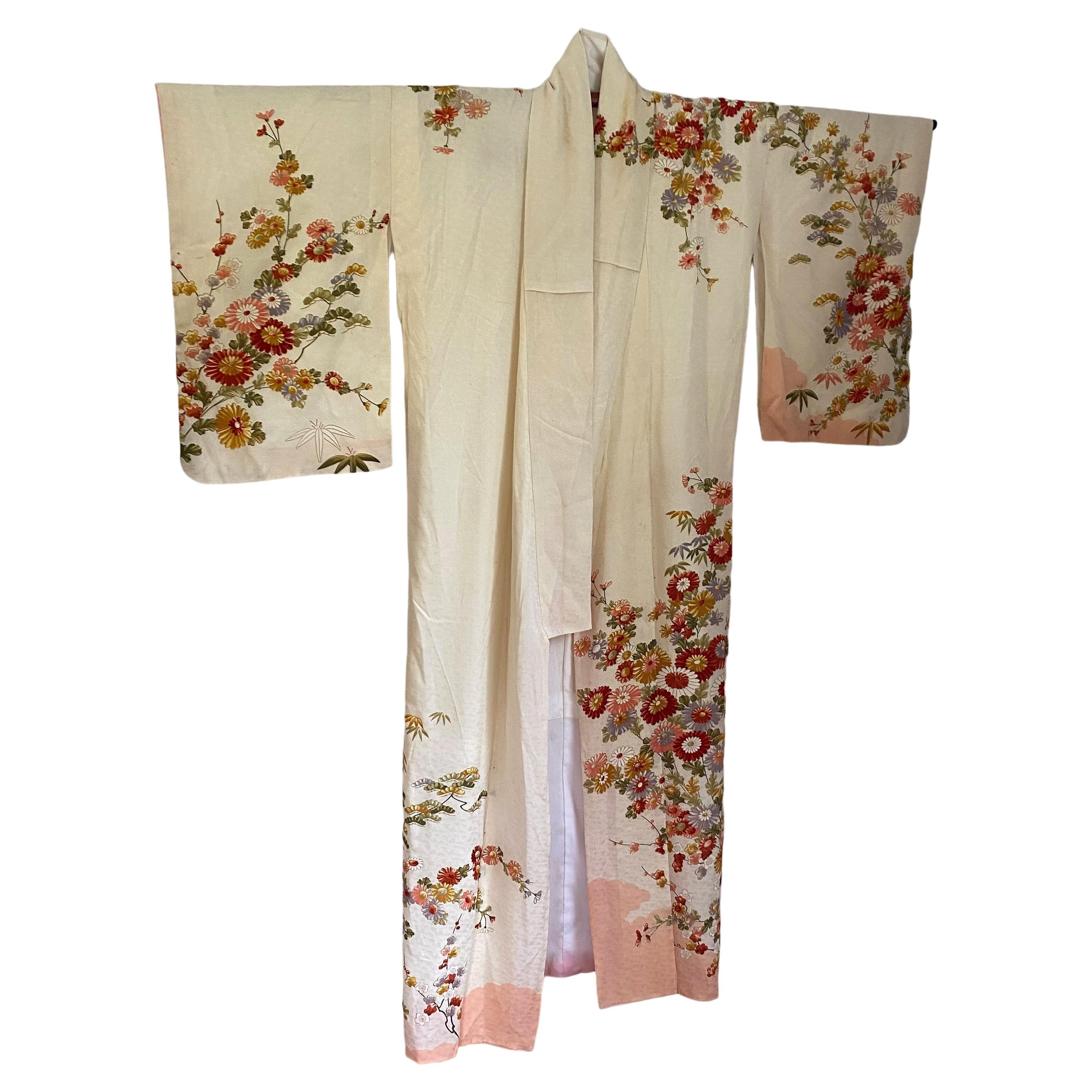 Japanese Ercu with Red Flowers Silk Furisode Vintage Kimono For Sale 1