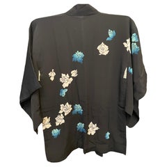 Vintage Japanese Silk Haori Jacket Black with White and Bleu Rose 1980s 