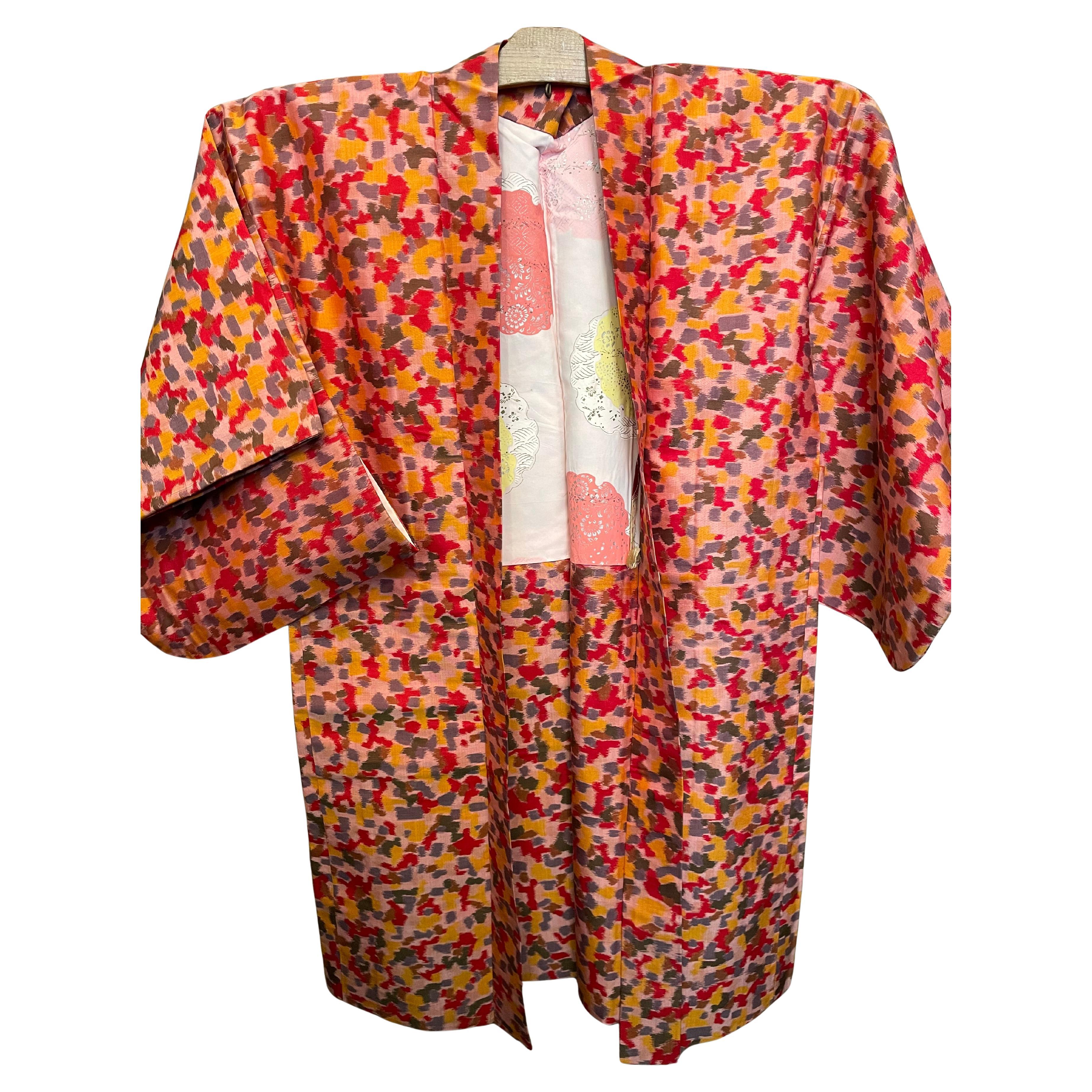 Veste japonaise en soie Haori à pois colorés 1980