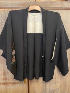 Japanese Silk Haori Jacket for Women Black 1980s Showa Hanaguruma