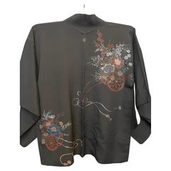 Used Japanese Silk Haori Jacket for Women Black 1980s Showa Hanaguruma