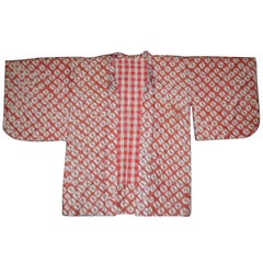 Japanese Silk Haori Jacket from the Showa Period Cinnabar Red and Grey