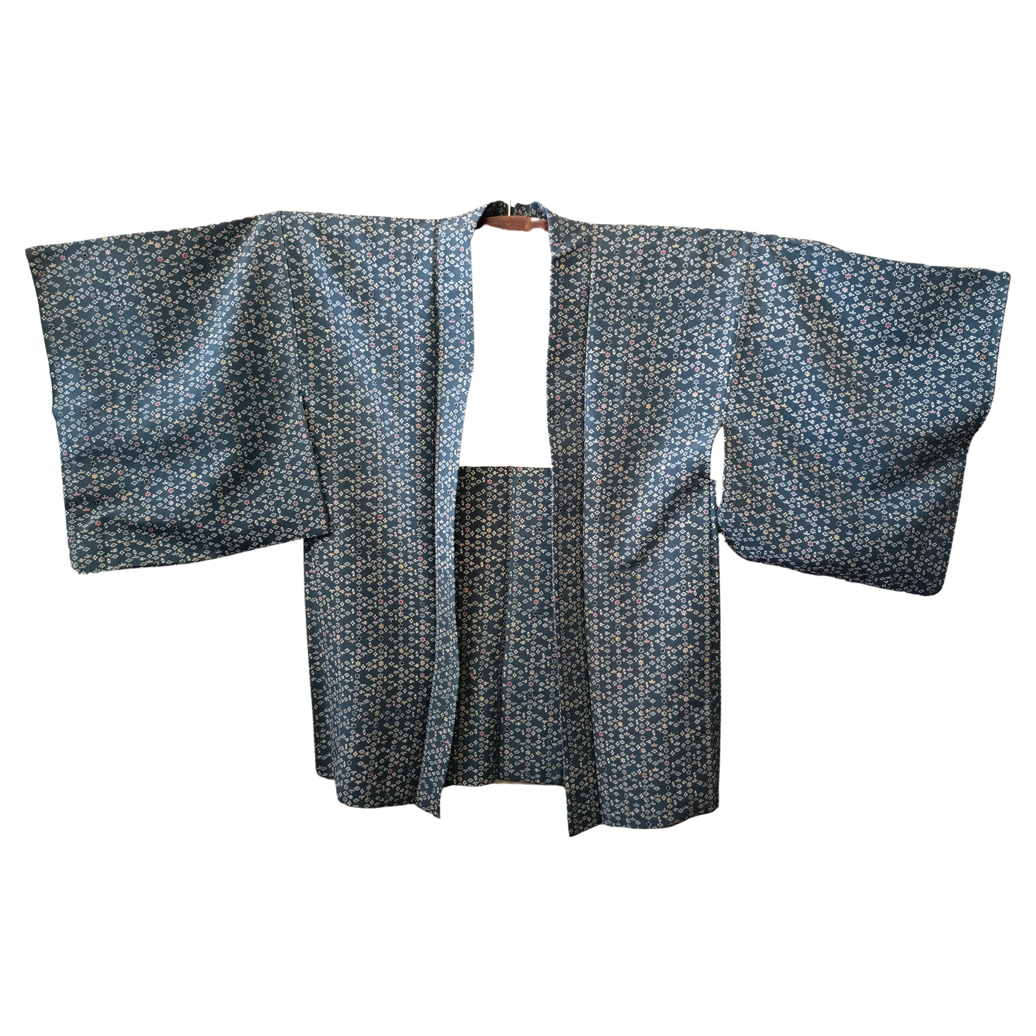 Japanese silk haori jacket in blue-gray with flower and leaf pattern