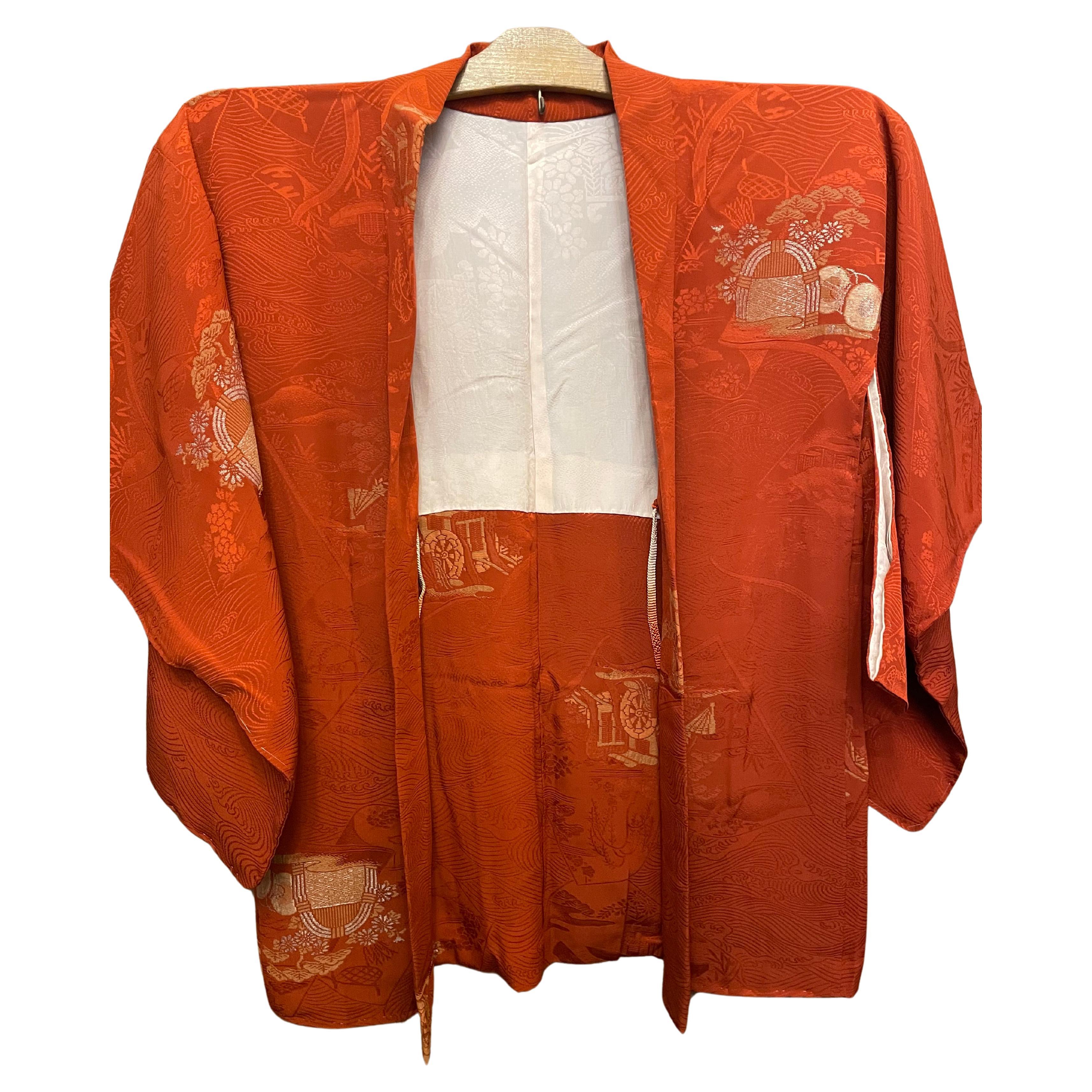 Japanese Silk Haori Jacket Red-Orange Hanaguruma 1970s For Sale