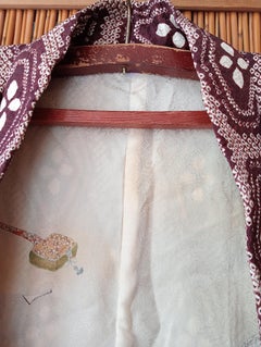 Japanese Silk Haori Jacket Shibori DarkRed and White 1980s Showa