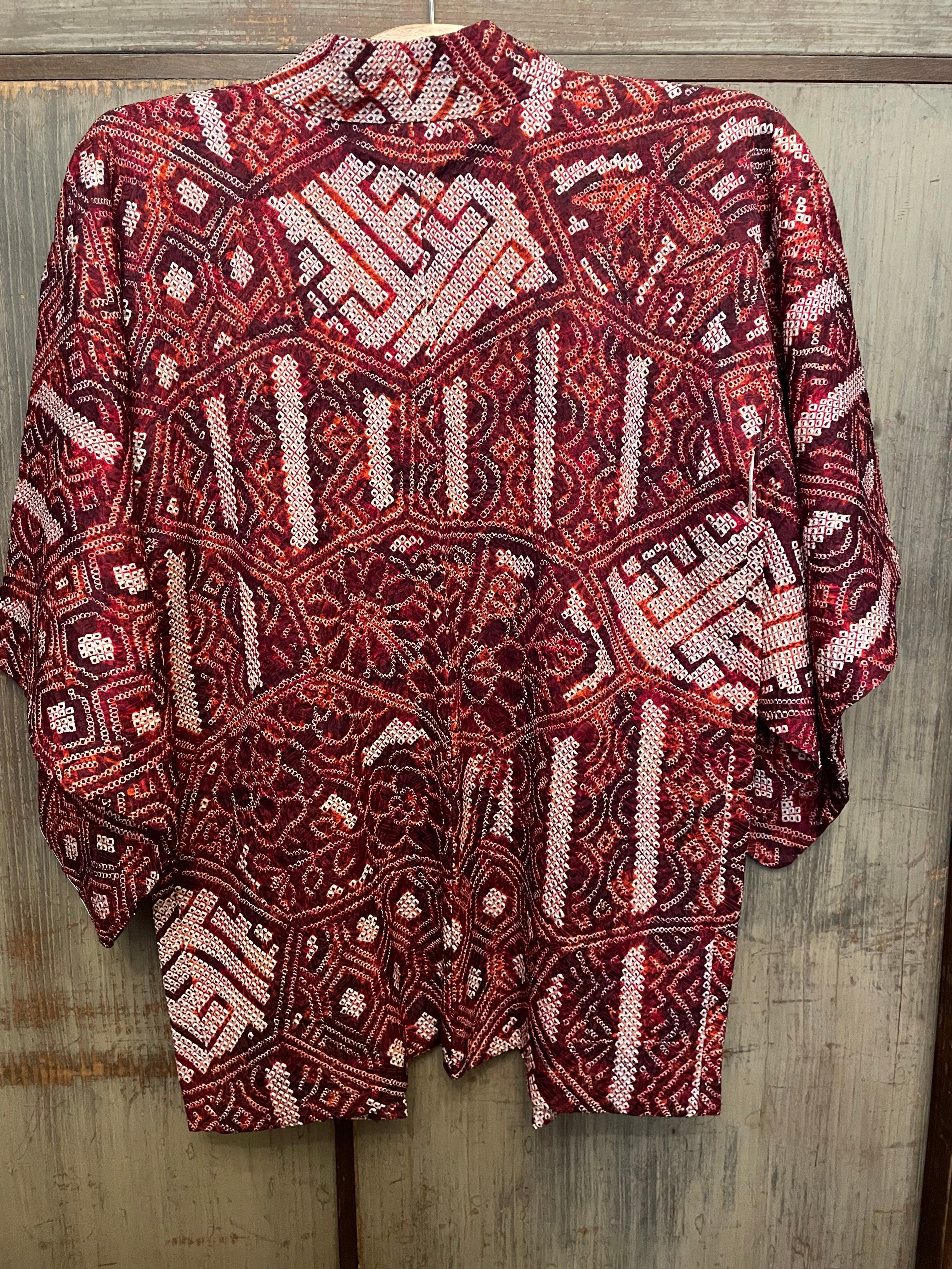Japanese Silk Haori Jacket Shibori Red 1980s Showa For Sale 1